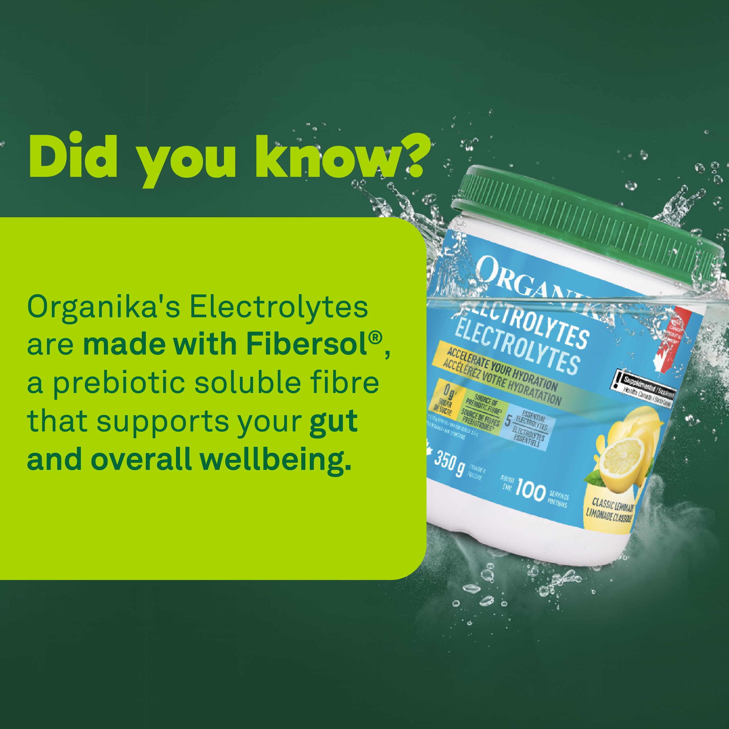 Organika Canadian-Made Electrolytes Powder with Vitamin C & Prebiotic Fibre - Sugar-Free Hydration Drink Mix - Classic Lemonade - 350 g - 100 servings