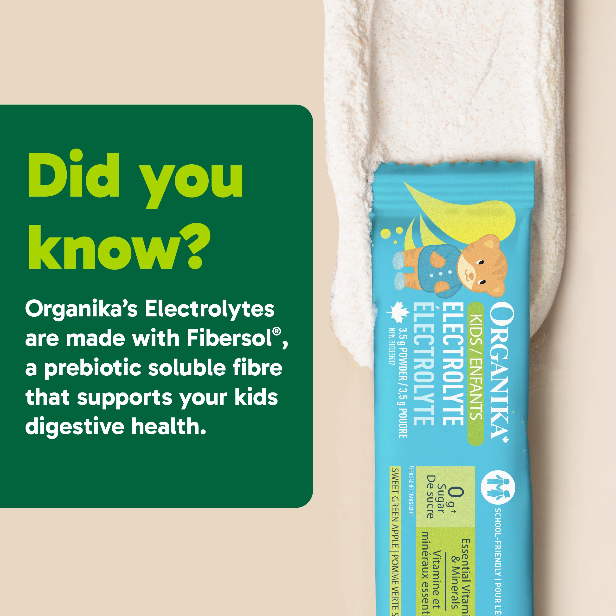 Organika Kids Electrolytes Powder Sticks - Sugar-Free Hydration + Immune support with 100% of daily Vitamin C, Minerals and Prebiotic Fibre | Green Apple Flavour - 3.5g x 20 sachets