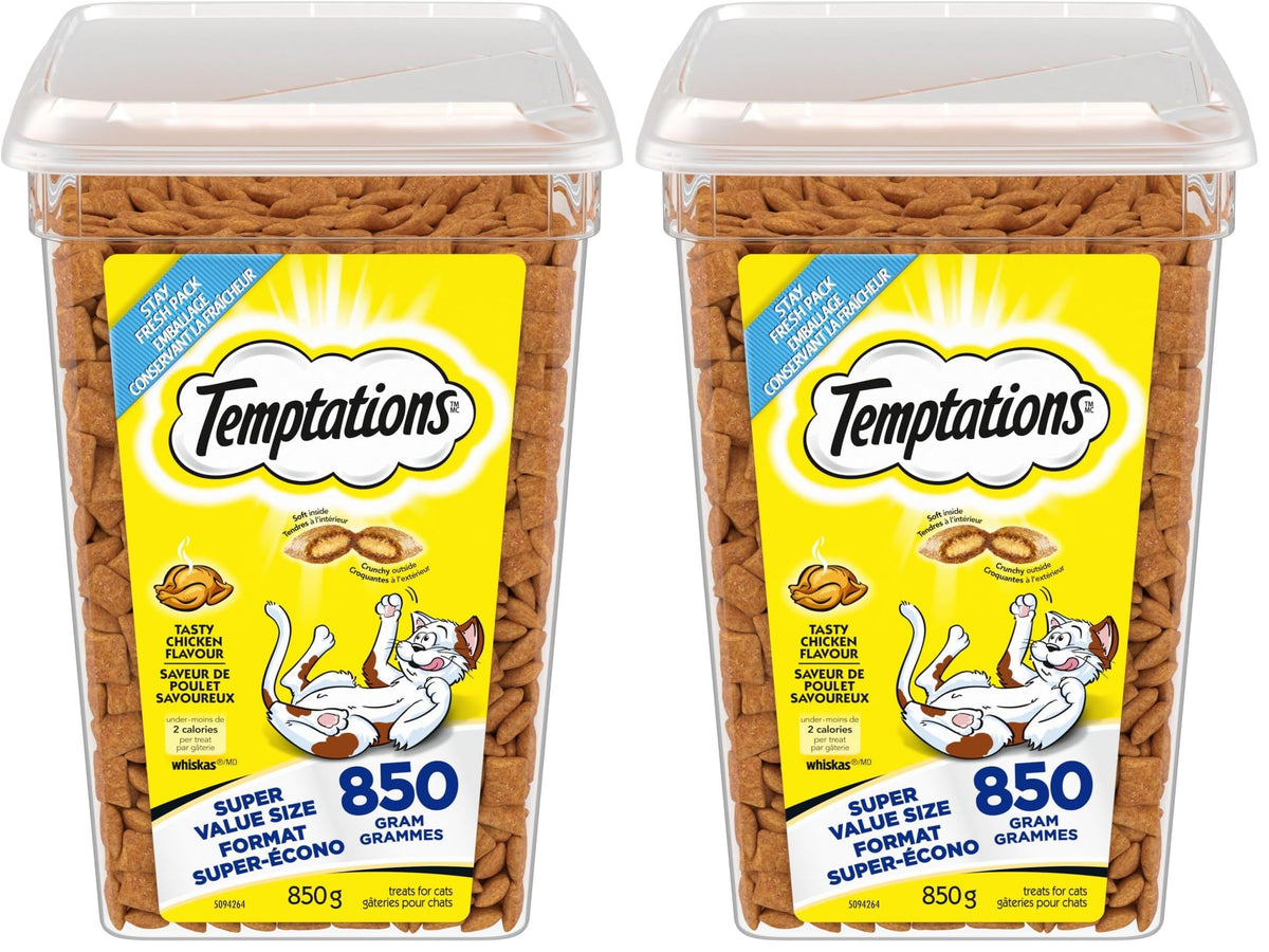 TEMPTATIONS Adult Cat Treats Tasty Chicken Flavour, 850g Tub (Pack of 2)
