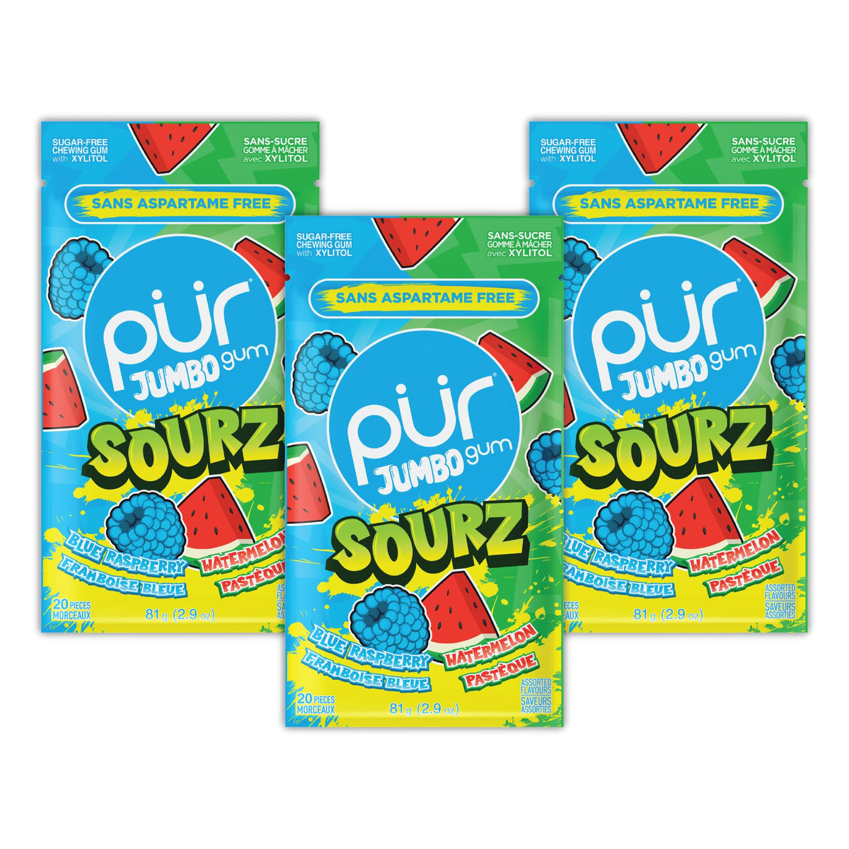 PUR Jumbo SOURZ Gum | Aspartame Free Chewing Gum | 100% Xylitol | Natural Flavour | Sour Blue Raspberry, Sour Watermelon, 20 Pieces (Pack of 3)