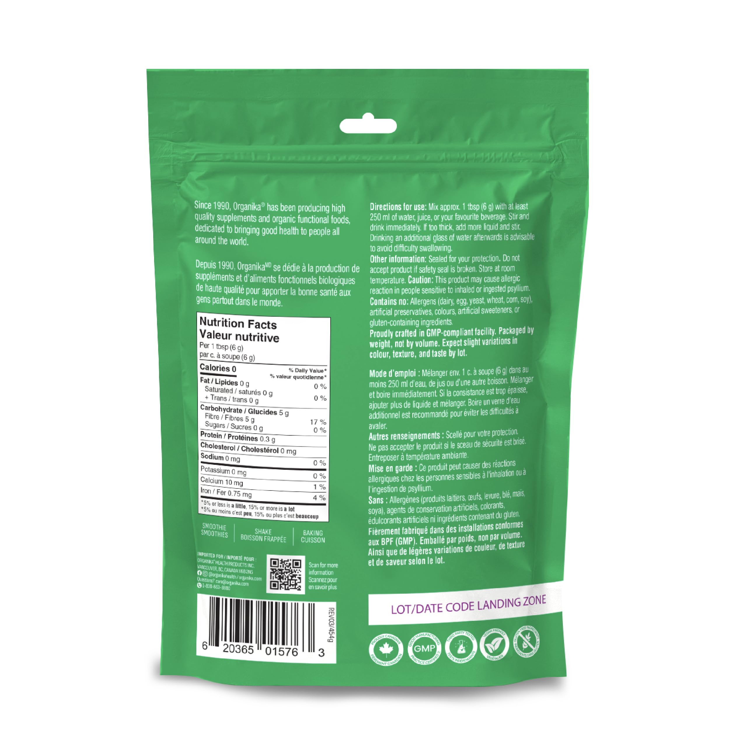 Organika Psyllium Seed Husk Whole- Excellent Source of Fibre, Aids in Digestion and Constipation- 454 G