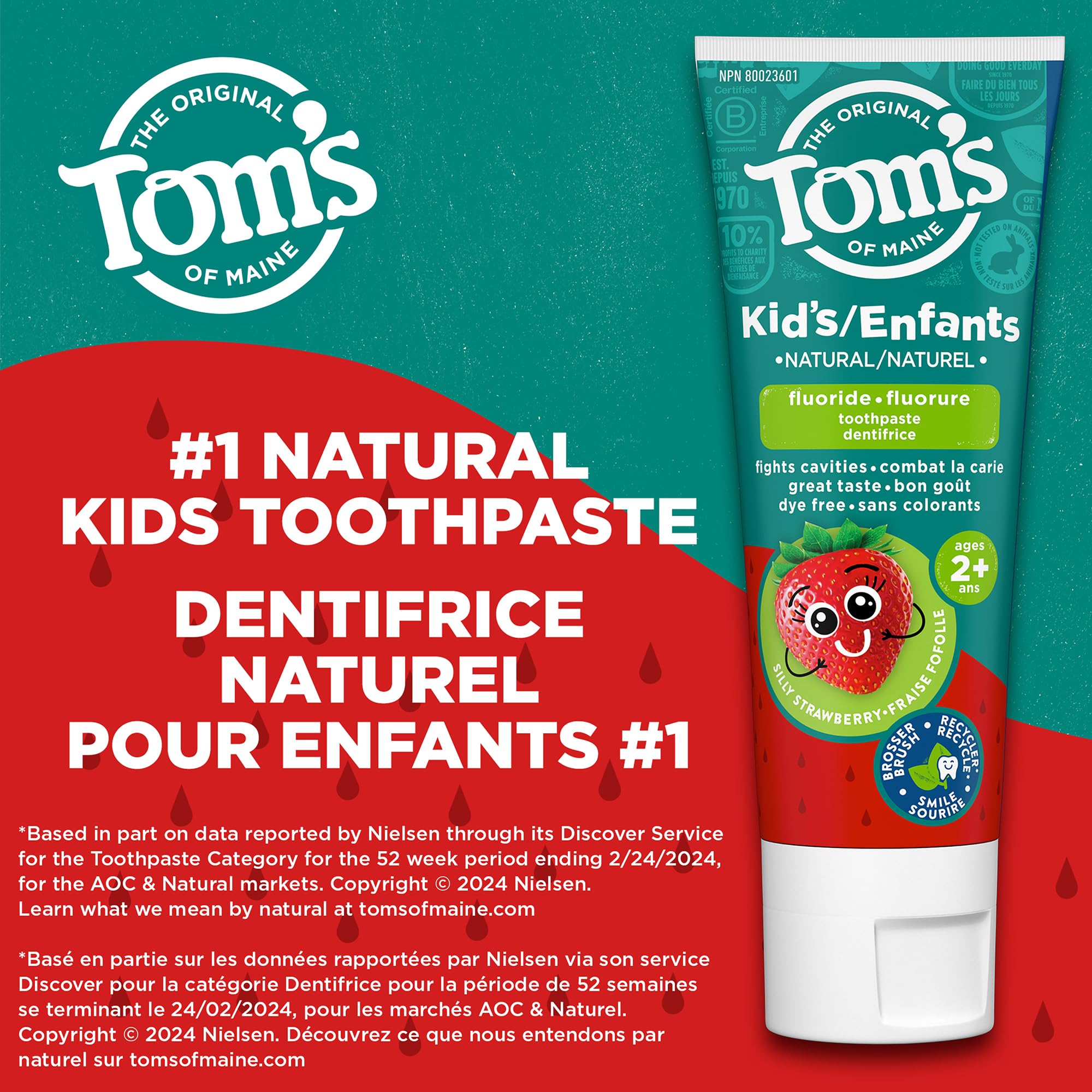 Tom's of Maine Children's Silly Strawberry Natural Fluoride Toothpaste – Anticavity Fluoride Toothpaste for kids – All Natural Fruity Flavor toothpaste, Strawberry Toothpaste kids 90 mL
