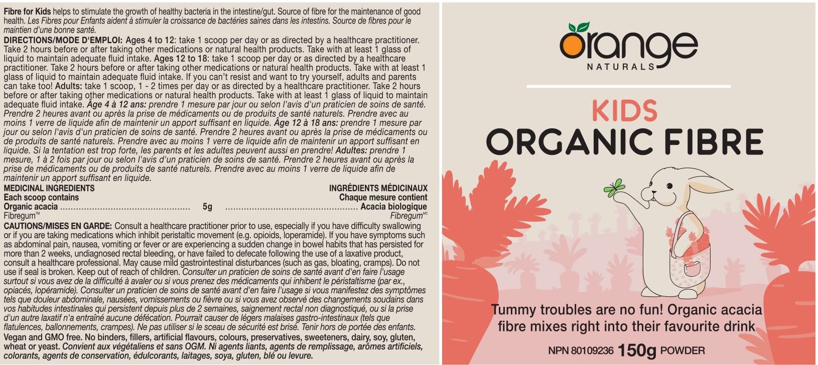 Orange Naturals - Kids Organic Fibre, 150g Powder 30-Servings - Supports Healthy Gut, Healthy and Regular Bowel Movements and Promotes Overall Health - Tasteless and Mixes Easily - Vegan and Non-GMO