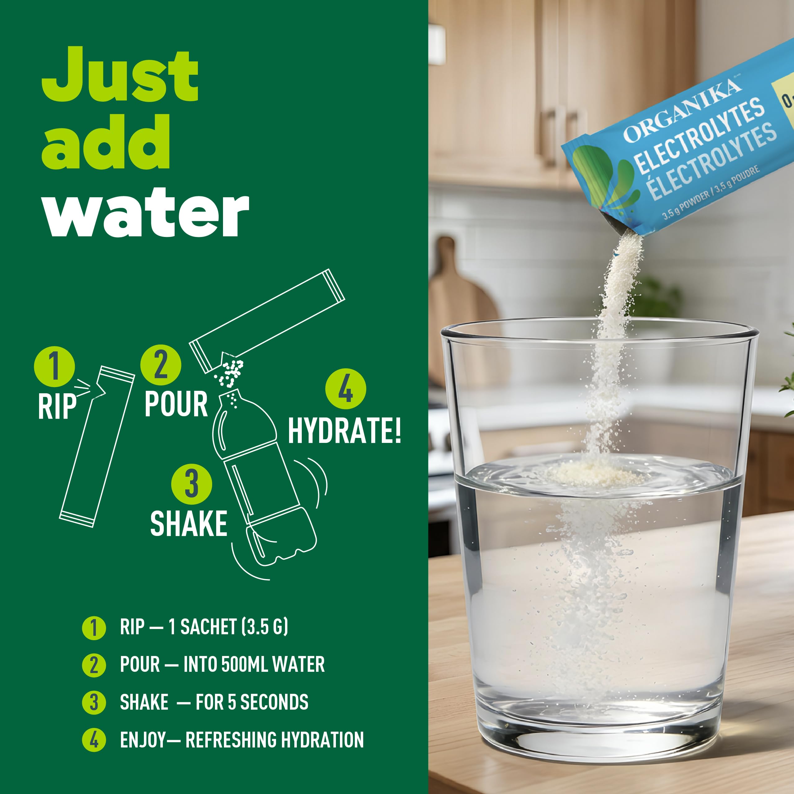 Organika Canadian-Made Electrolytes Powder with Vitamin C & Prebiotic Fibre - Sugar-Free Hydration Drink Mix - Cucumber Pear- 20 Single-Serve Sachets x 3.5g