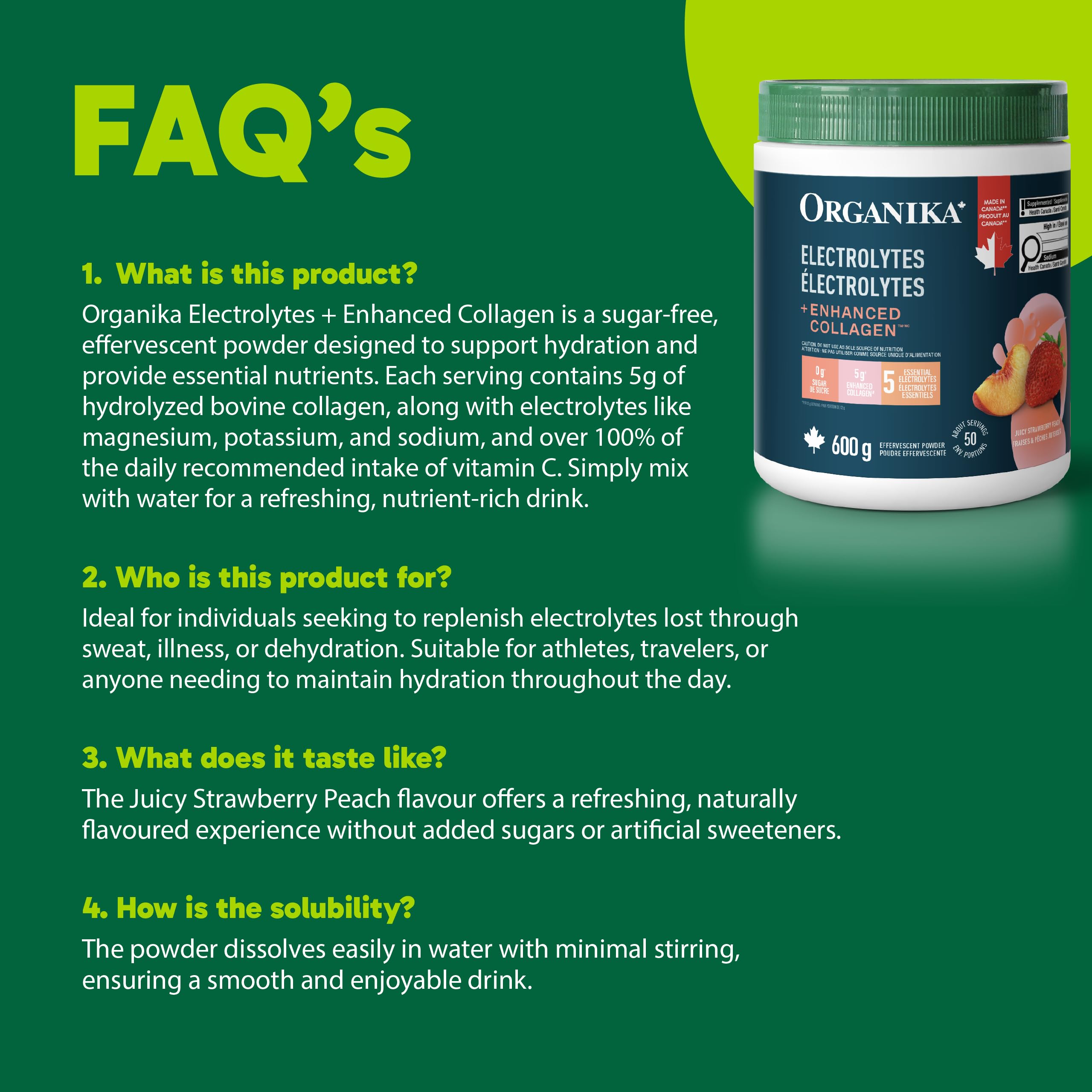Organika Canadian-Made Electrolytes + Enhanced Collagen - Daily Hydration Powder with 5g of Collagen for Hair, Skin and Nails, 100% of Daily Vitamin C, Strawberry Peach Flavour, 600 g, 50 Servings