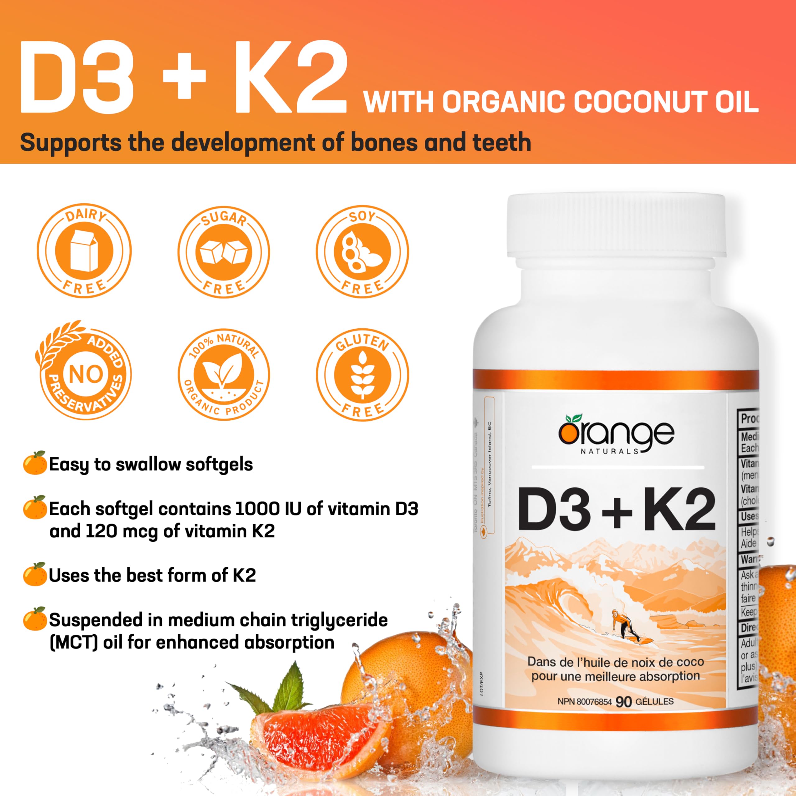 Orange Naturals - Vitamin D3+K2 with Organic Coconut Oil, 90 Softgels 90-Day Supply - Support Bone and Teeth Health, Maintain Muscle, Enhanced Absorption and Prevent D Deficiency Cholecalciferol