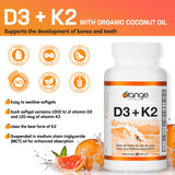 Orange Naturals - Vitamin D3+K2 with Organic Coconut Oil, 90 Softgels 90-Day Supply - Support Bone and Teeth Health, Maintain Muscle, Enhanced Absorption and Prevent D Deficiency Cholecalciferol