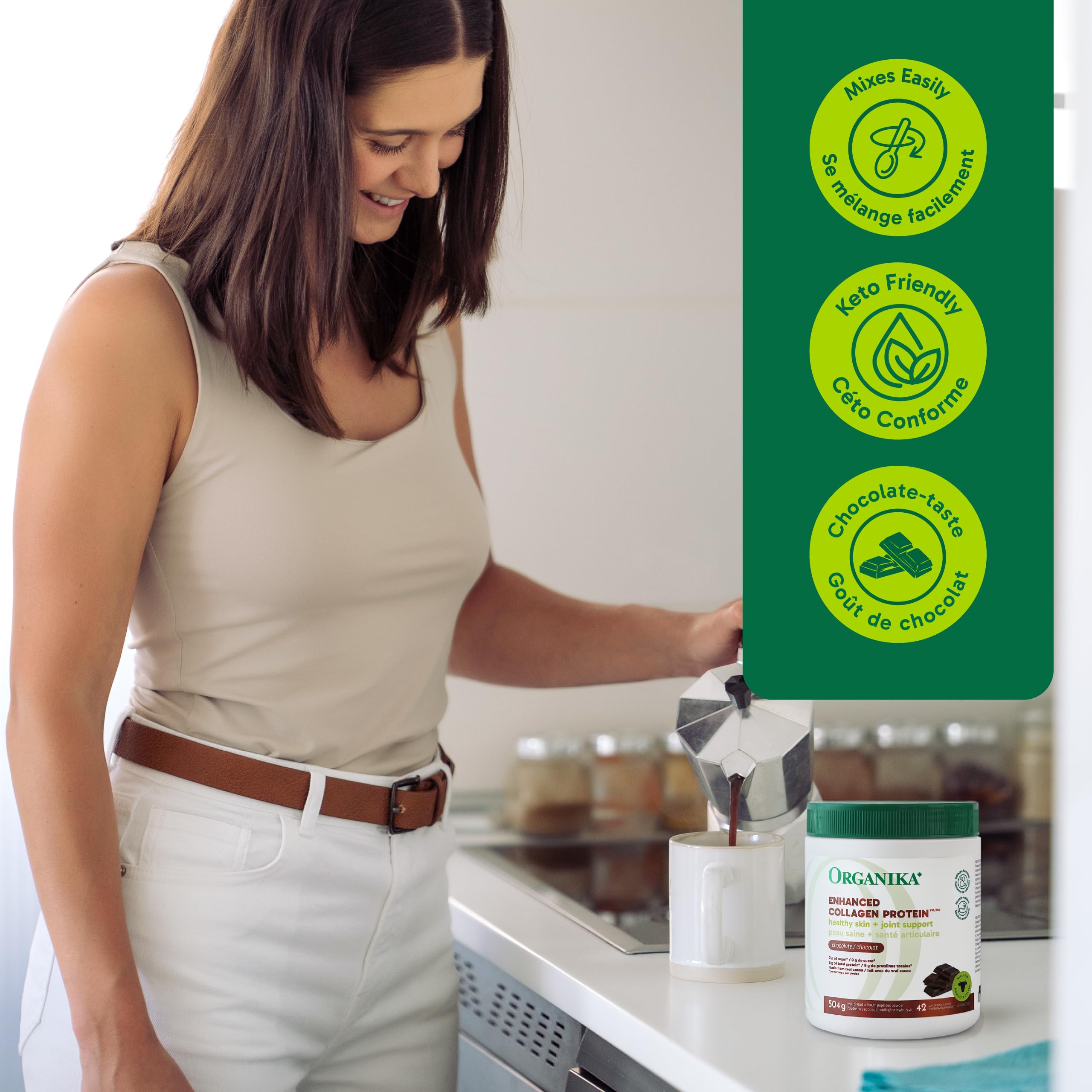 Organika Chocolate Enhanced Collagen Powder (Type 1 & 3) – 10g Per Serving for Hair, Skin, Nails & Joints – Canadian-Made, Grass-Fed, Non-GMO, 504g