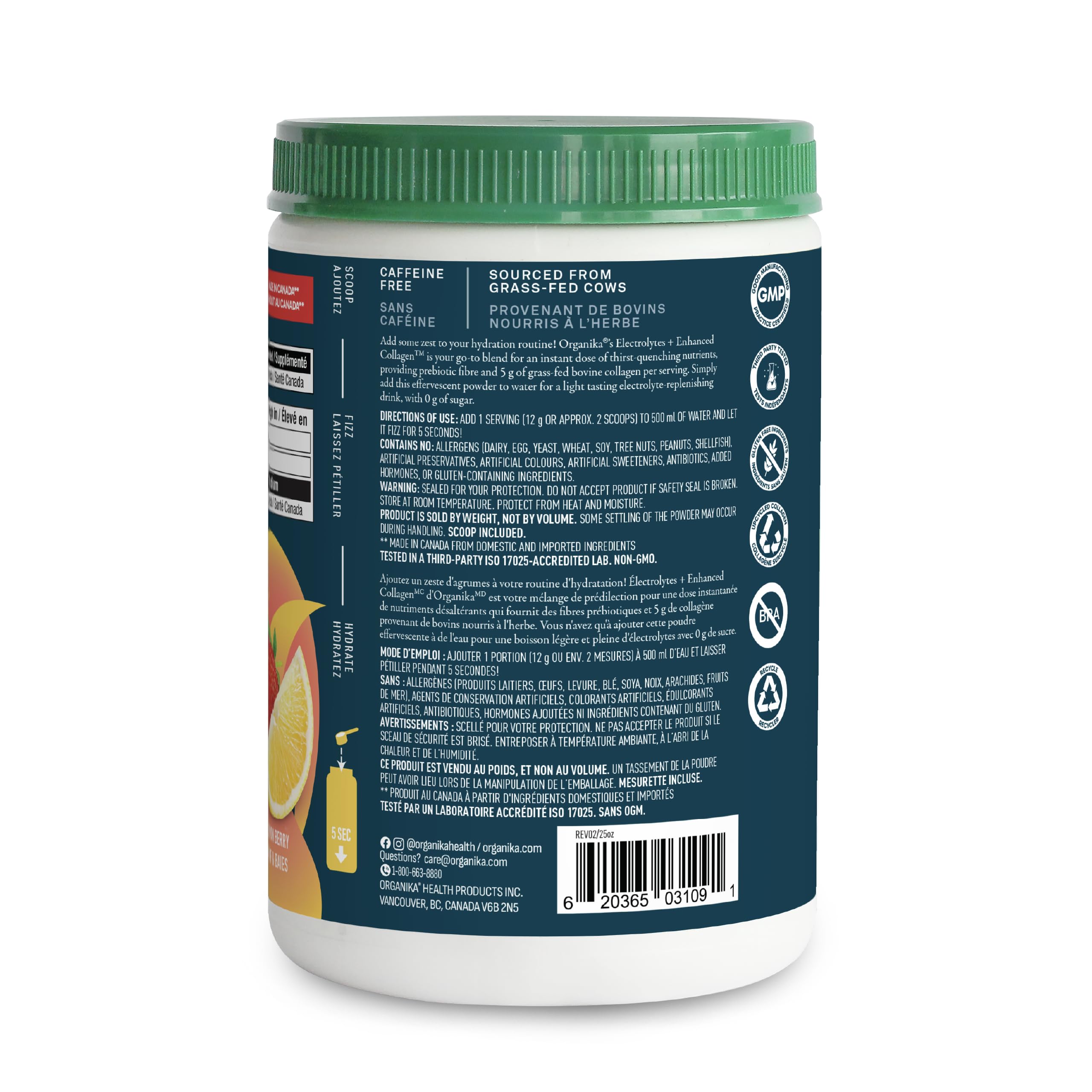 Organika Canadian-Made Electrolytes + Enhanced Collagen - Daily Hydration Powder with 5g of Collagen for Hair, Skin and Nails, 100% of Daily Vitamin C, Zesty Lemon Berry Flavour, 360 g, 30 Servings