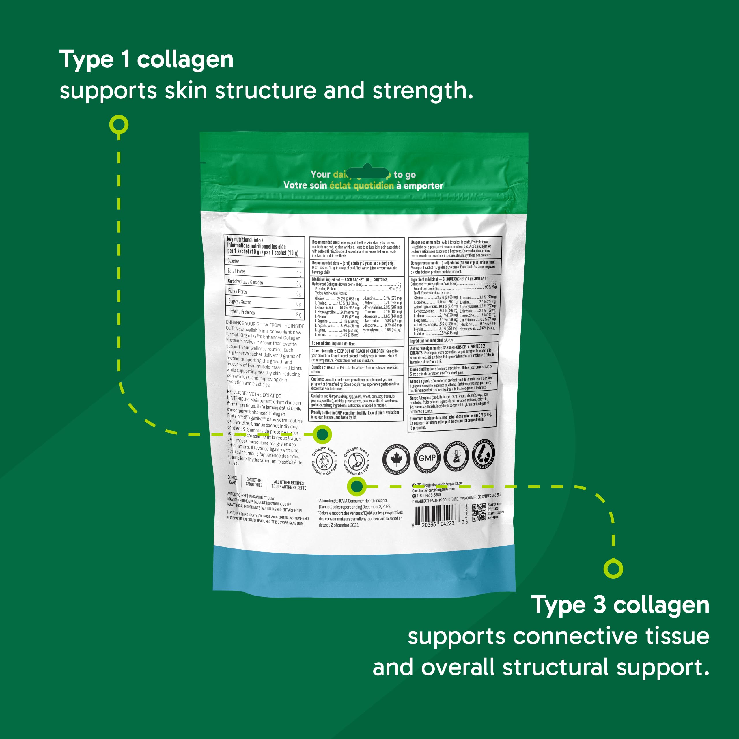 Organika Enhanced Collagen Powder (Type 1 & 3) – Single-serve sachets – 10g Per Serving for Hair, Skin, Nails & Joints – Canadian-Made, Grass-Fed, Non-GMO - 10 sachets