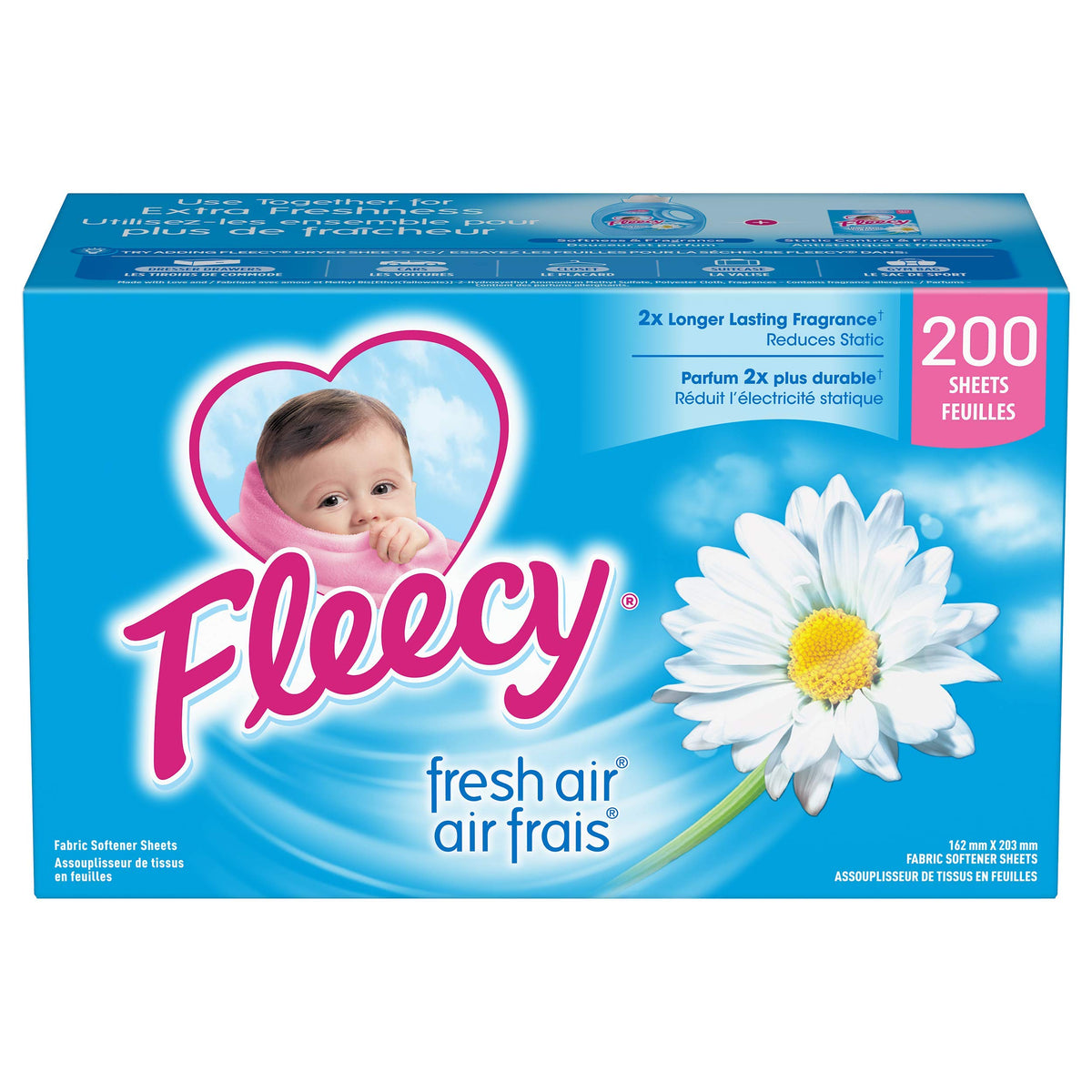 Fleecy Fabric Softener Dryer Sheets - For Irresistibly Soft & Static-Free Clothes | Paraben & Phosphate Free | Softener for Laundry | (Fresh Air) 200 Sheets