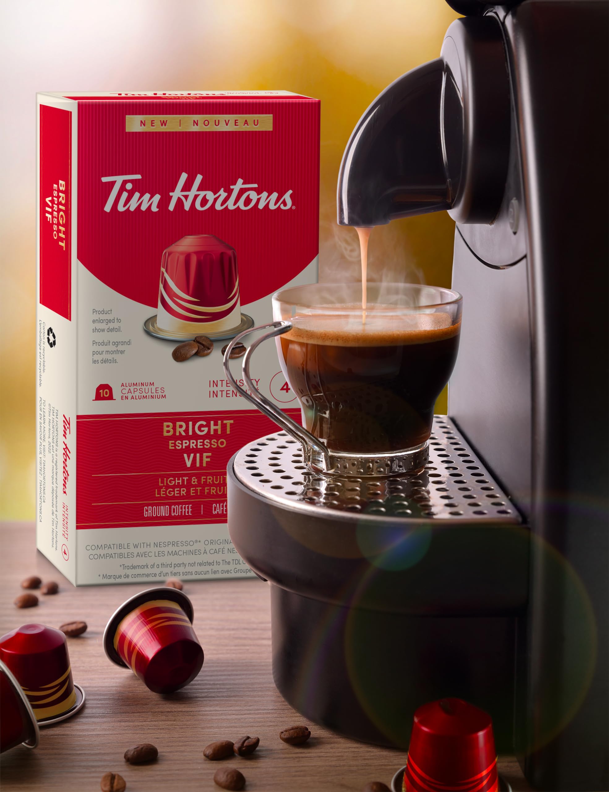 Tim Hortons Bright Espresso Capsules, Nespresso Original Line Compatible Capsules, 10 Count (Pack of 2)