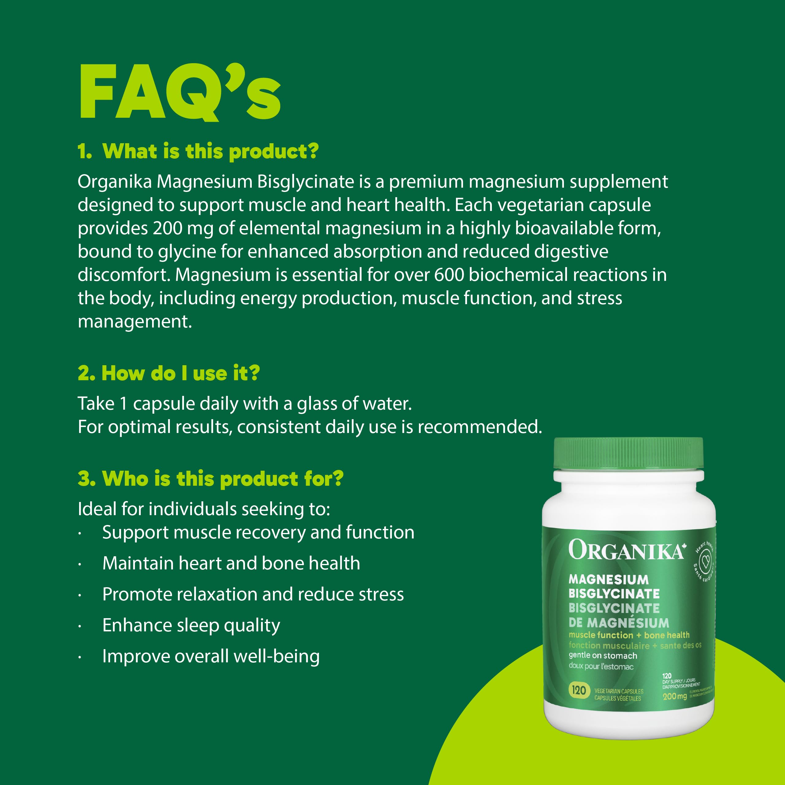 Organika Canadian-Made Magnesium Bisglycinate - 200mg, High Absorption, Muscle Recovery, Heart Support, 120vcaps