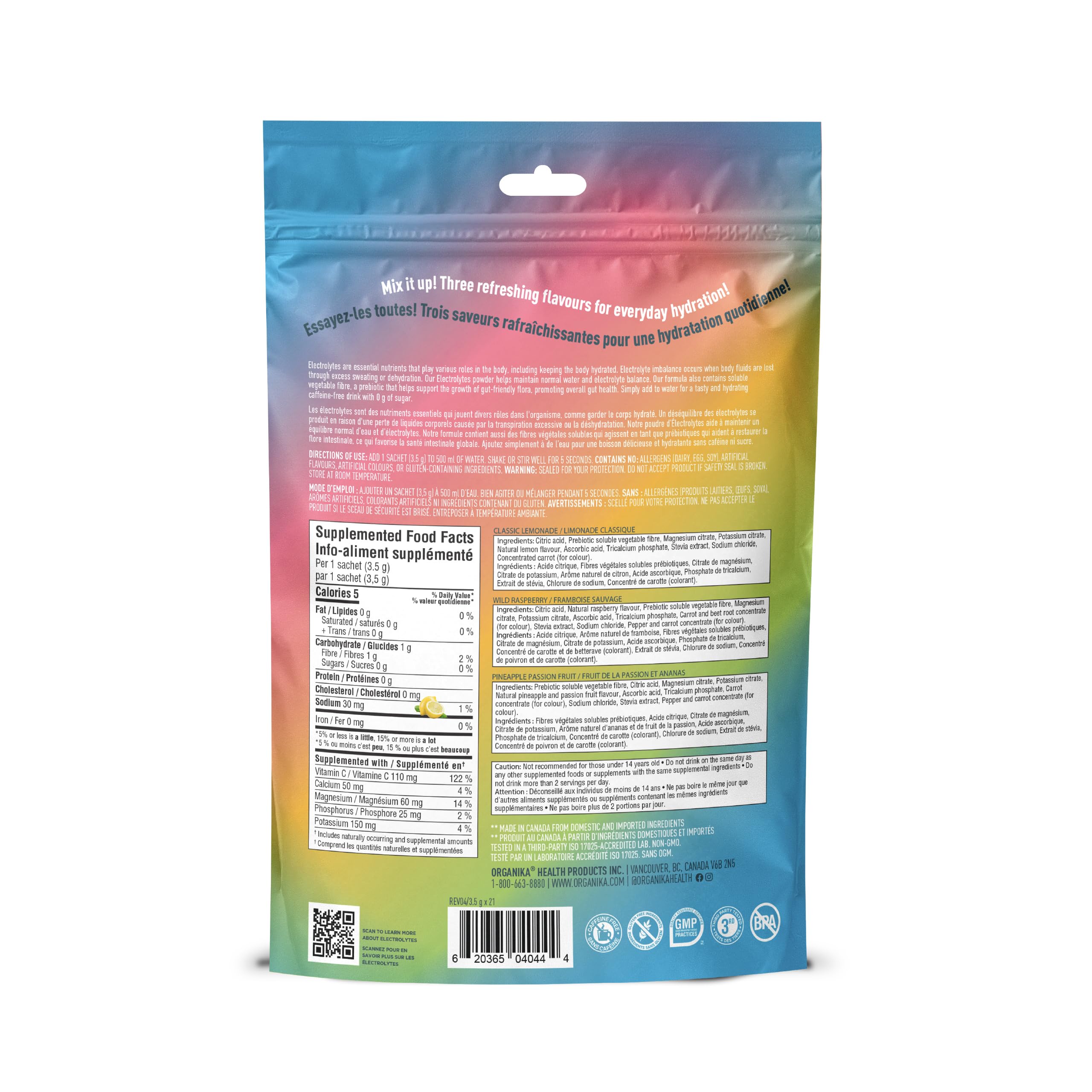 Organika Canadian-Made Electrolytes Powder with Vitamin C & Prebiotic Fibre - Sugar-Free Hydration Drink Mix Variety Pack - Lemonade, Raspberry & Pineapple Passionfruit - 21 Single-Serve Sachets x 3.5g