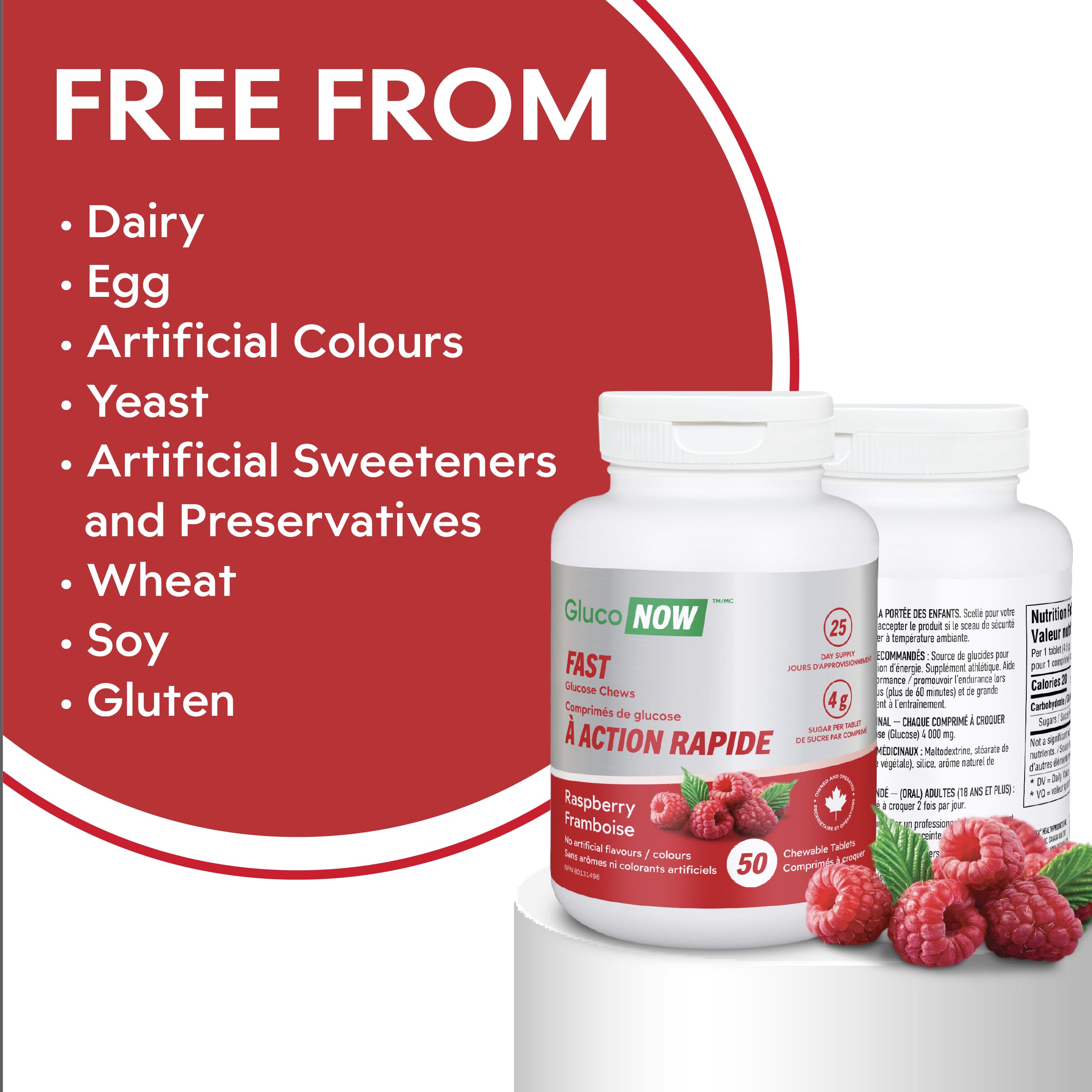 GlucoNOW FAST Glucose Chews, 4g Sugar, Raspberry Flavour - 50 chewable tablets