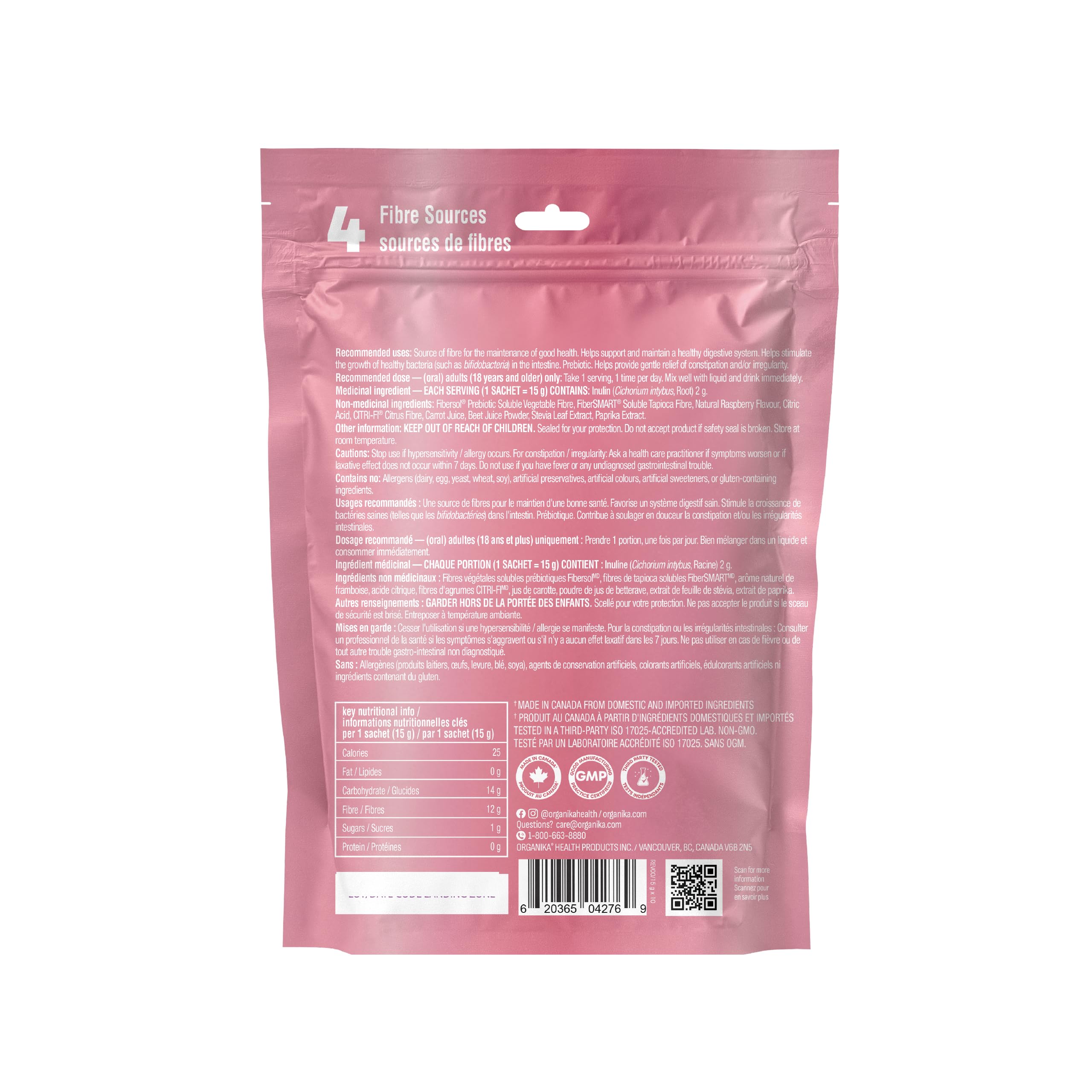 Organika Canadian-Made Belli Bliss Fibre | High Fibre Blend, 4 Diverse Sources of Fibre | Supports Digestive Health, Constipation Relief, Weight Control - Raspberry, 10 x 15g sachets