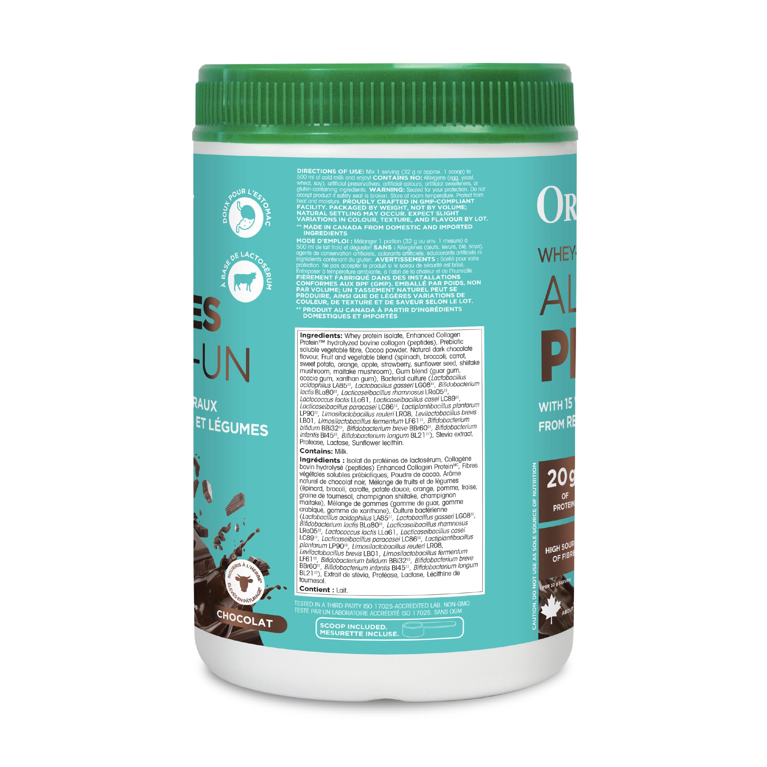 Organika All-in-One Chocolate Protein Powder with 20g Protein, 15 Vitamins & Minerals from Real Fruits & Veggies, 5 Billion CFU Probiotics, 4g Prebiotic Fiber, Digestive Enzymes, 1g Sugar - 640g