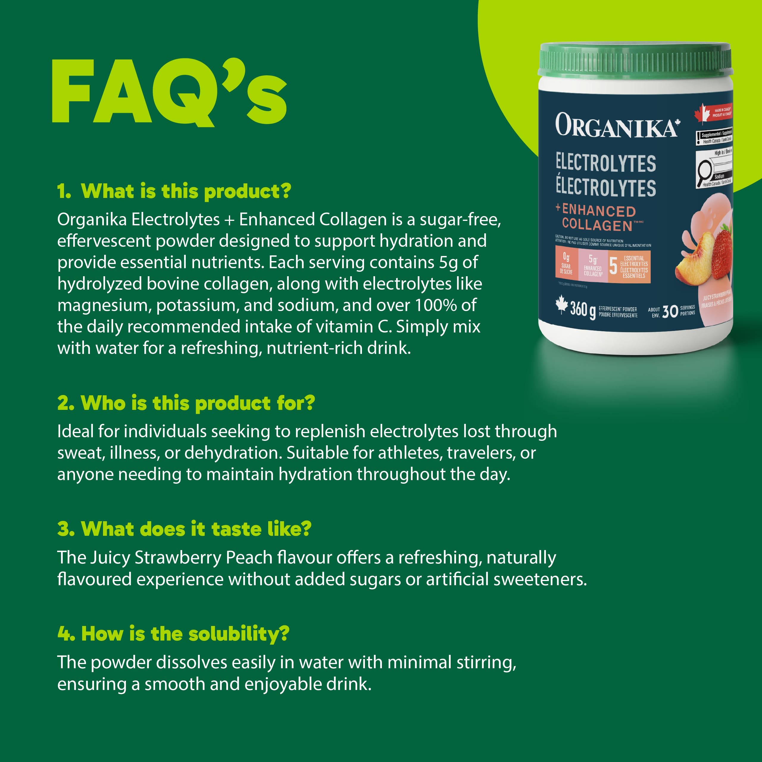 Organika Canadian-Made Electrolytes + Enhanced Collagen - Strawberry Peach Flavour - Sugar-Free Hydration | 5g Protein + 100% of Daily Vitamin C - 360g, 30 Servings