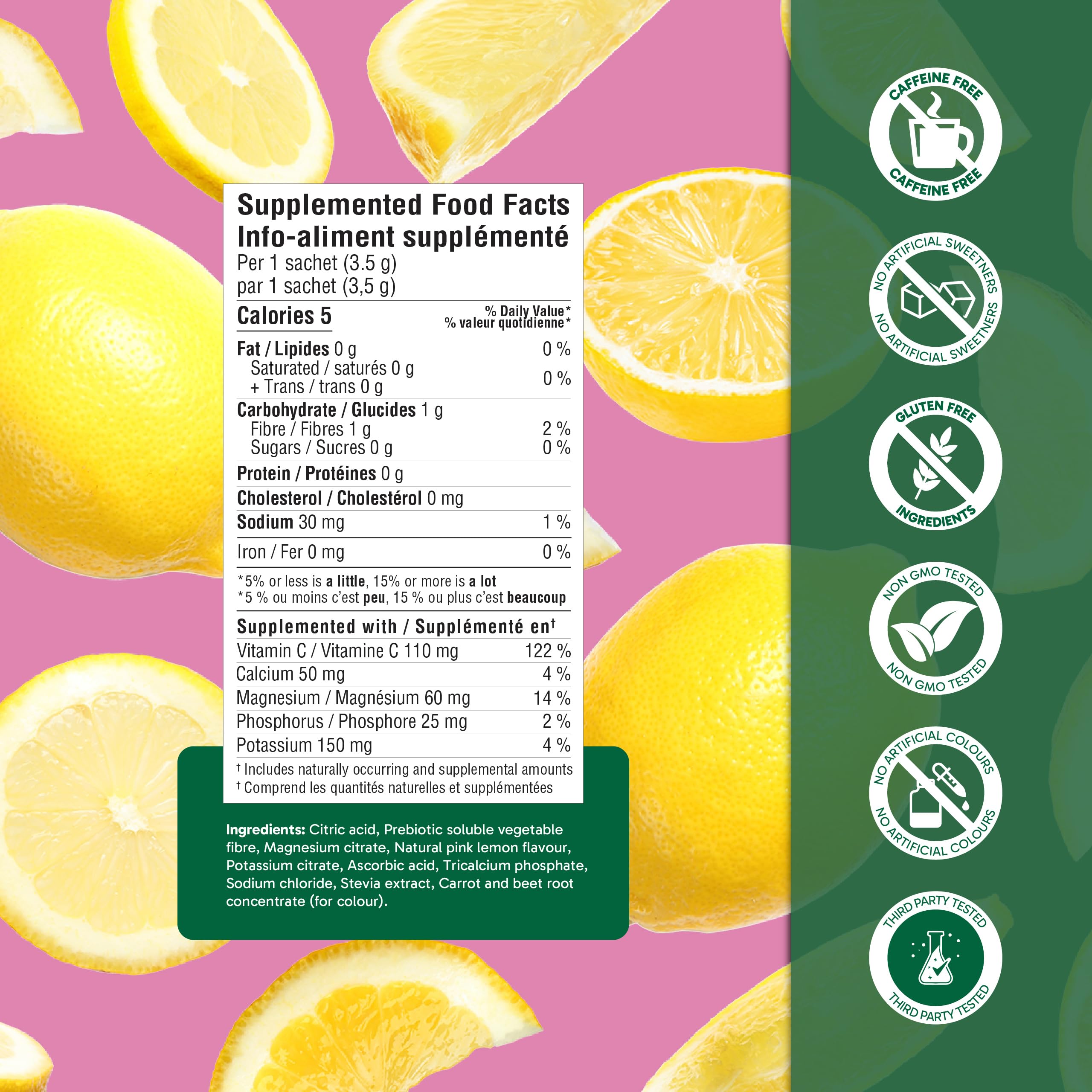 Organika Canadian-Made Electrolytes Powder with Vitamin C & Prebiotic Fibre - Sugar-Free Hydration Drink Mix - Pink Lemonade - 20 Single-Serve Sachets x 3.5g