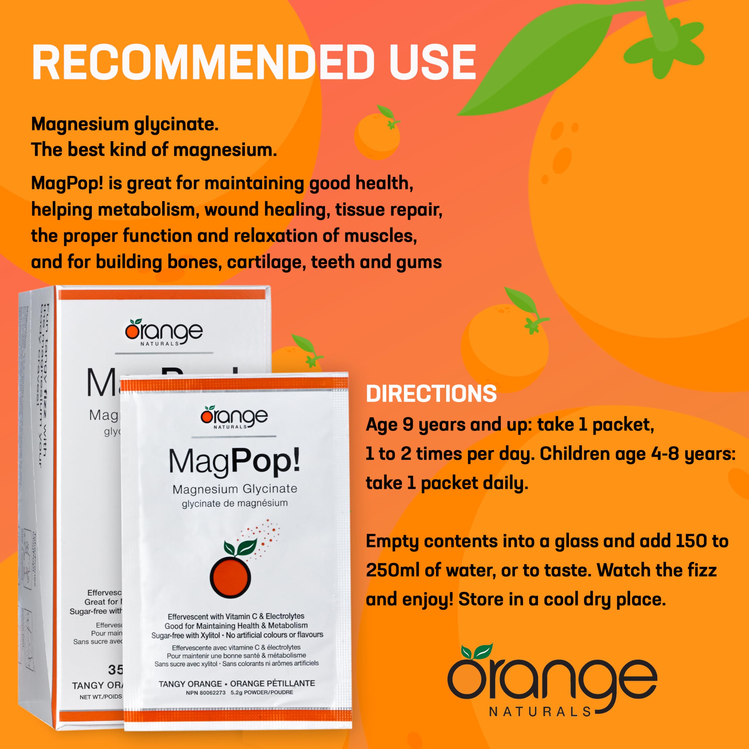 Orange Naturals - MagPop! Effervescent Magnesium Glycinate Drink Powder with Vitamin C, 35 Sachets 35-Day Supply - Electrolyte Balance, Support Sleep, Relaxation & Muscle Function, Bone & Teeth Health