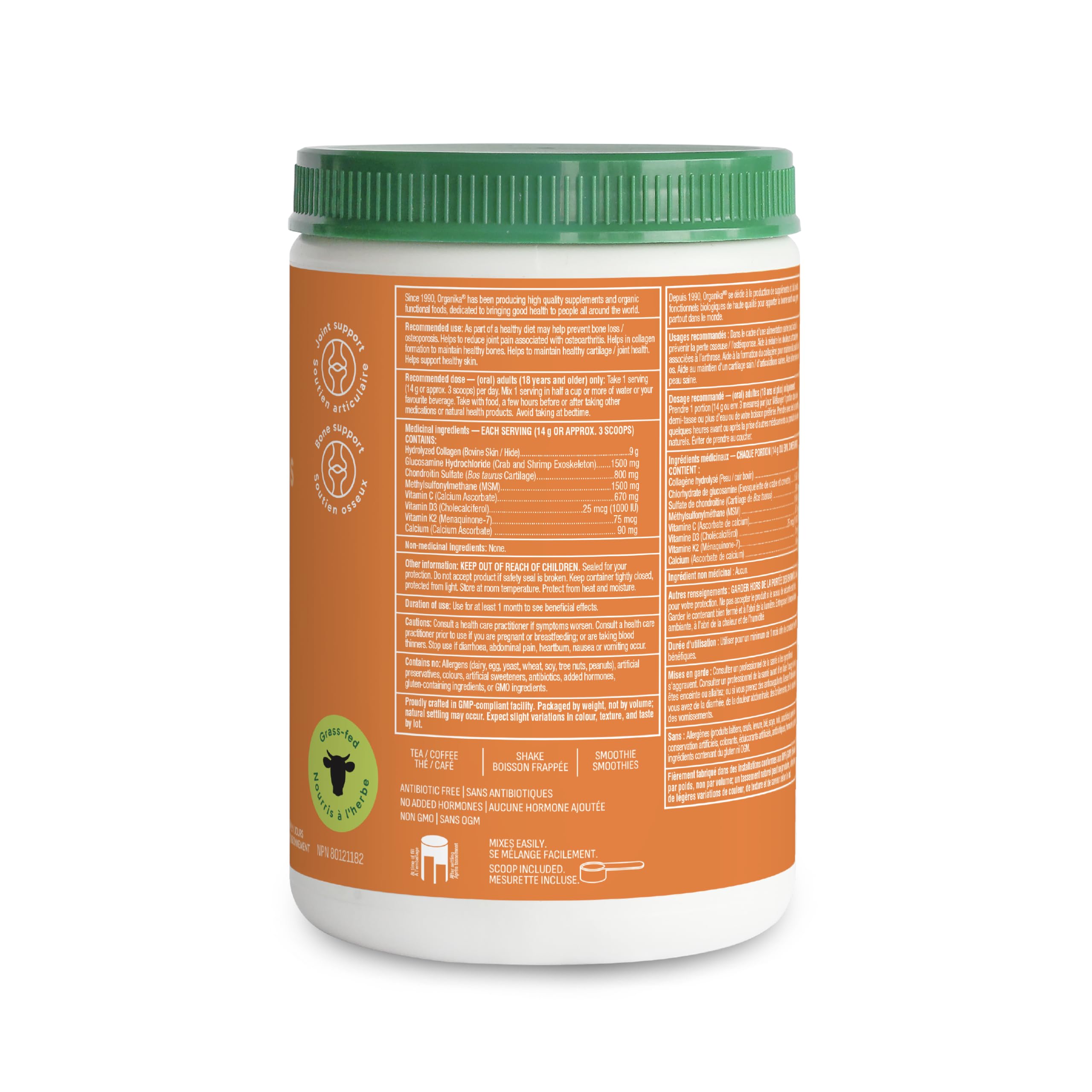 Organika Canadian-Made Enhanced Collagen Bone and Joint Powder - with Glucosamine, MSM, Chondroitin Sulfate, Vitamin D3 and K2 | Helps Restore Bone and Joint Health + Healthier Skin and Hair - 280g