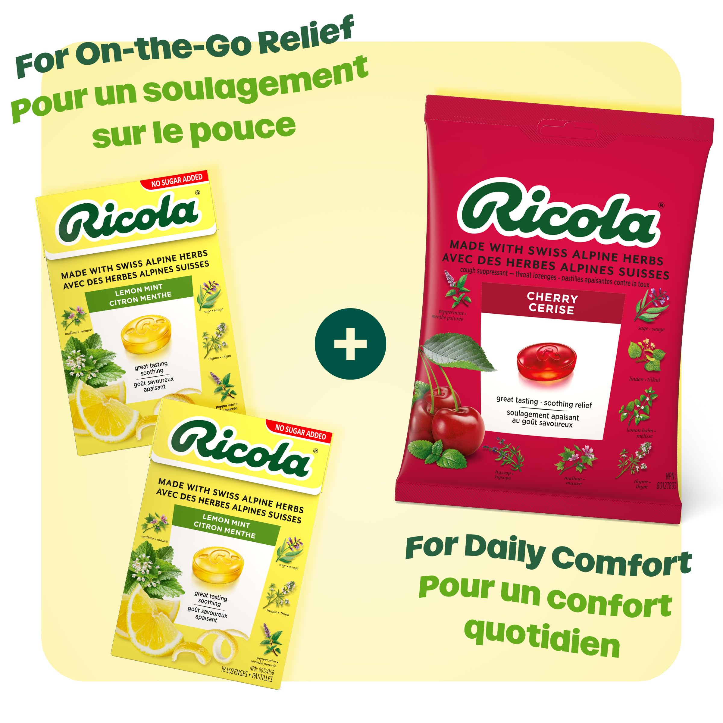 Ricola No Sugar Added Lemon Mint Herbal Cough Drops with Lemon Balm and Low Menthol for Everyday Throat and Voice Care - 18 Count - Throat Lozenges with No Sugar Added