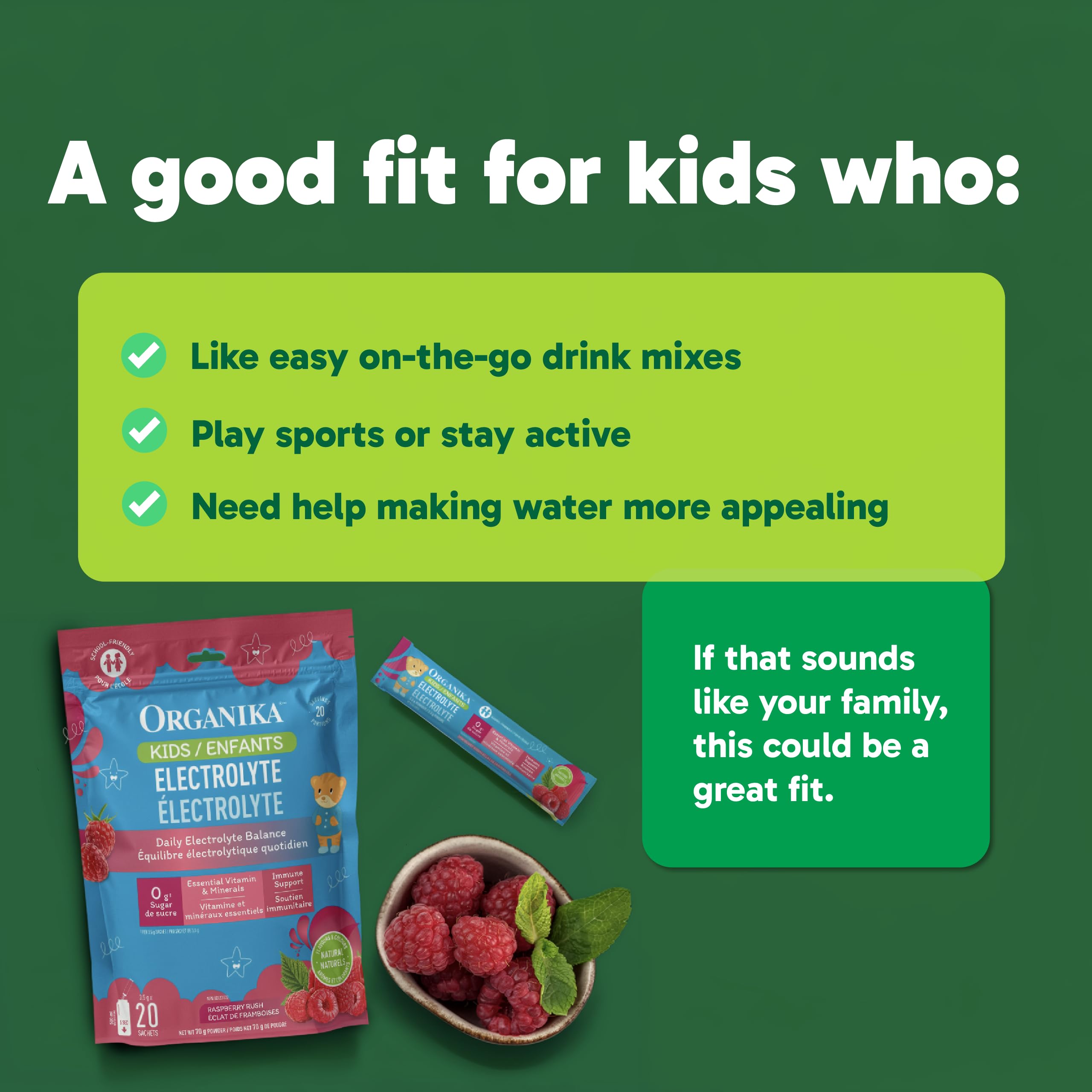 Organika Kids Electrolytes Powder Sticks - Sugar-Free Hydration + Immune support with 100% of daily Vitamin C, Minerals and Prebiotic Fibre | Raspberry Rush Flavour - 3.5g x 20 sachets