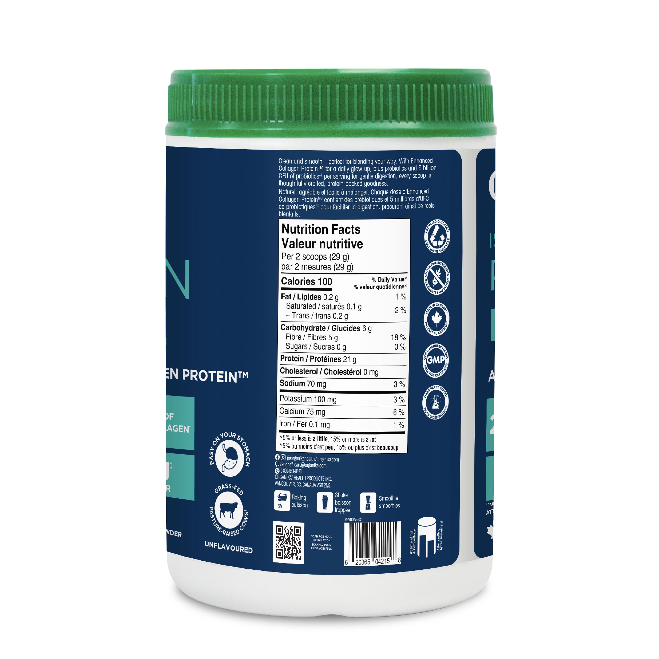 Organika Whey Protein Isolate Powder with Added Collagen Peptides and Probiotics for Easy Digestion- 21g of Protein, 5g of Fibre- Helps Build Strength and Lean Muscle + Aids Recovery- Unflavoured-580g
