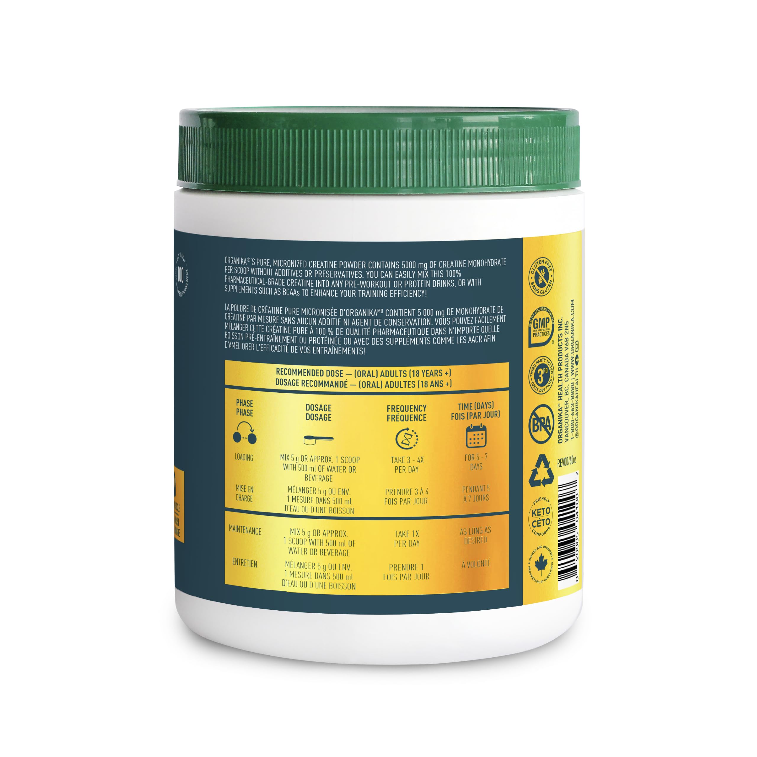 Organika Canadian-Made Creatine Powder - Pure Micronized Creatine Monohydrate - NSF Certified - Supports Strength, Muscle, Recovery and Performance for Men and Women - Unflavoured - 500g, 100 servings