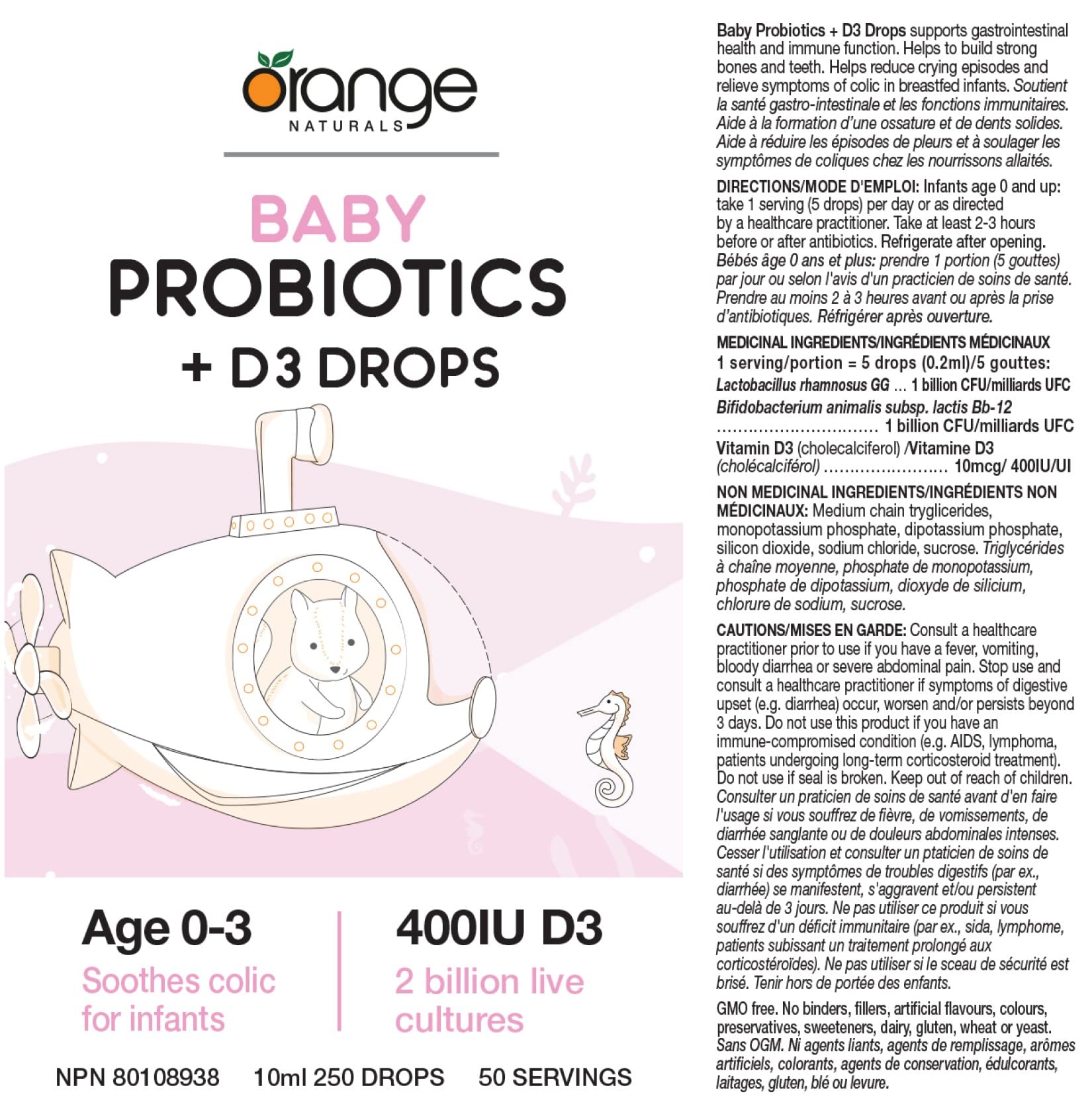 Orange Naturals - Baby Probiotics + D3 Drops 10 ml 50-Servings - Reduce Symptoms of Colic and Support Immunity - Upset Stomach Relief, Bone and Baby Teeth Health 400IU D3