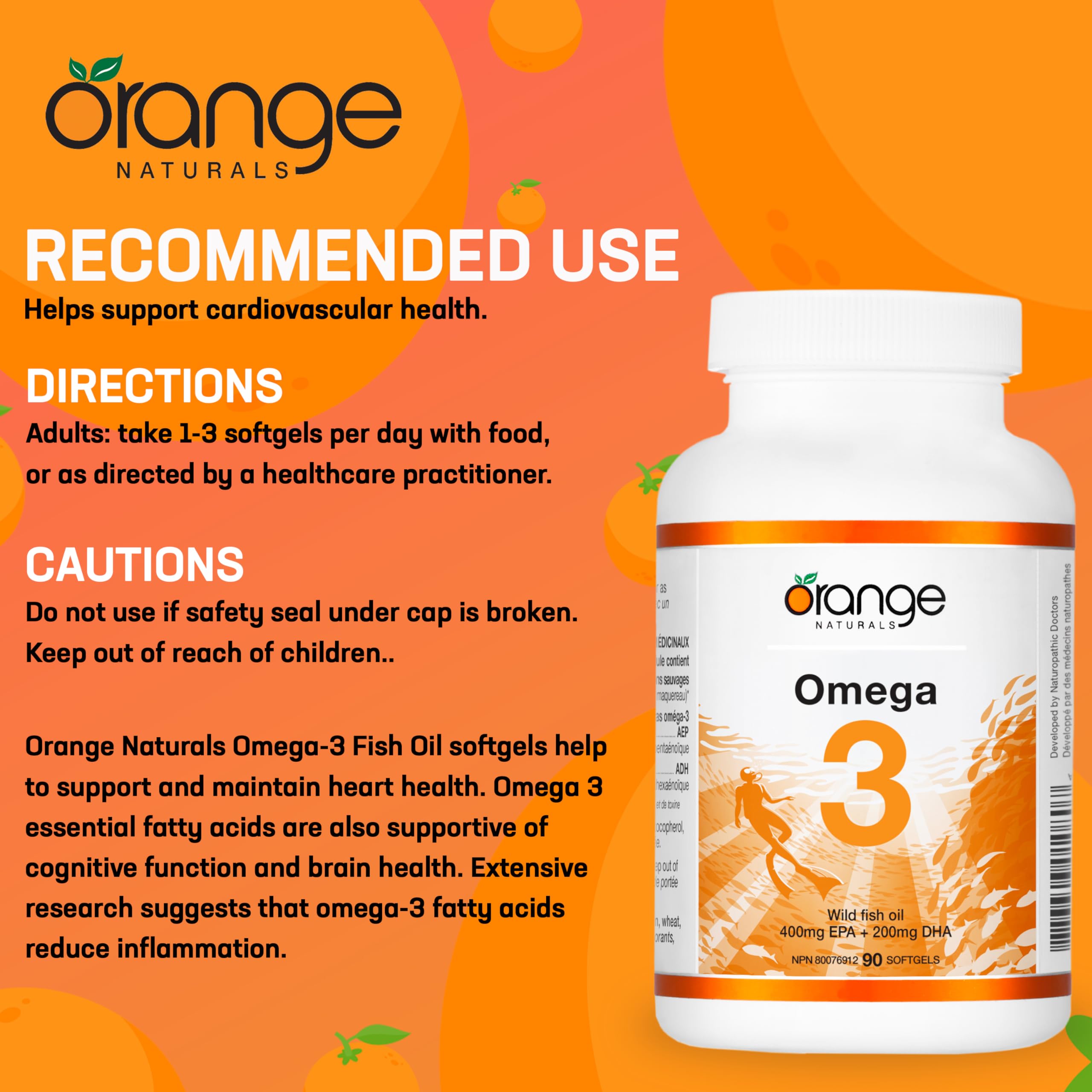 Orange Naturals - Omega-3 Fish Oil, 90 Softgels 90-Day Supply - Enhanced Brain & Cardio Health, Triple Strength Essential Fatty Acids, Non-GMO, High Potency EPA DHA, Support Heart & Cognitive Function