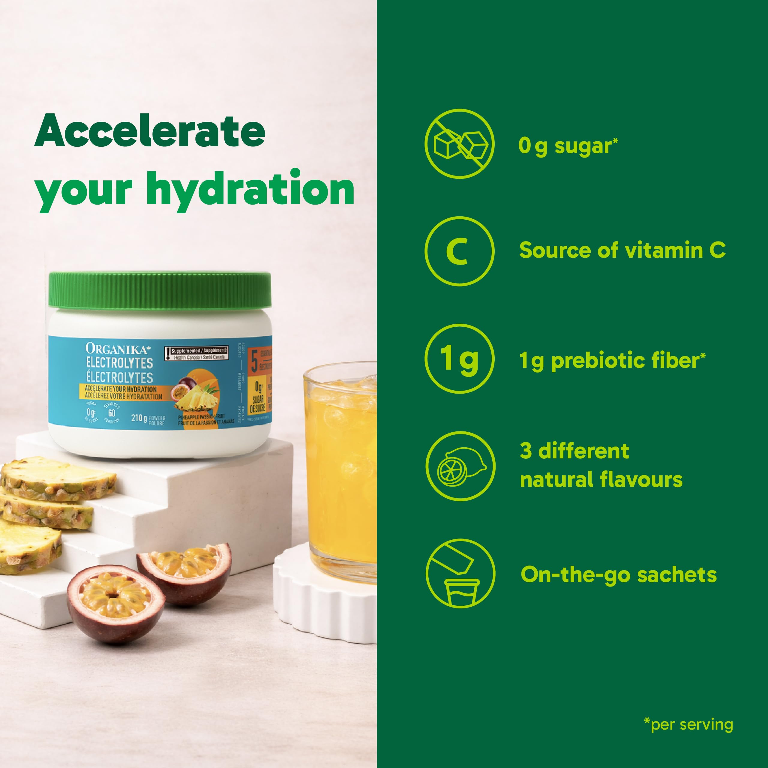 Organika Canadian-Made Electrolytes Powder with Vitamin C & Prebiotic Fibre - Sugar-Free Hydration Drink Mix - Pineapple PassionFruit - 210 g - 60 servings