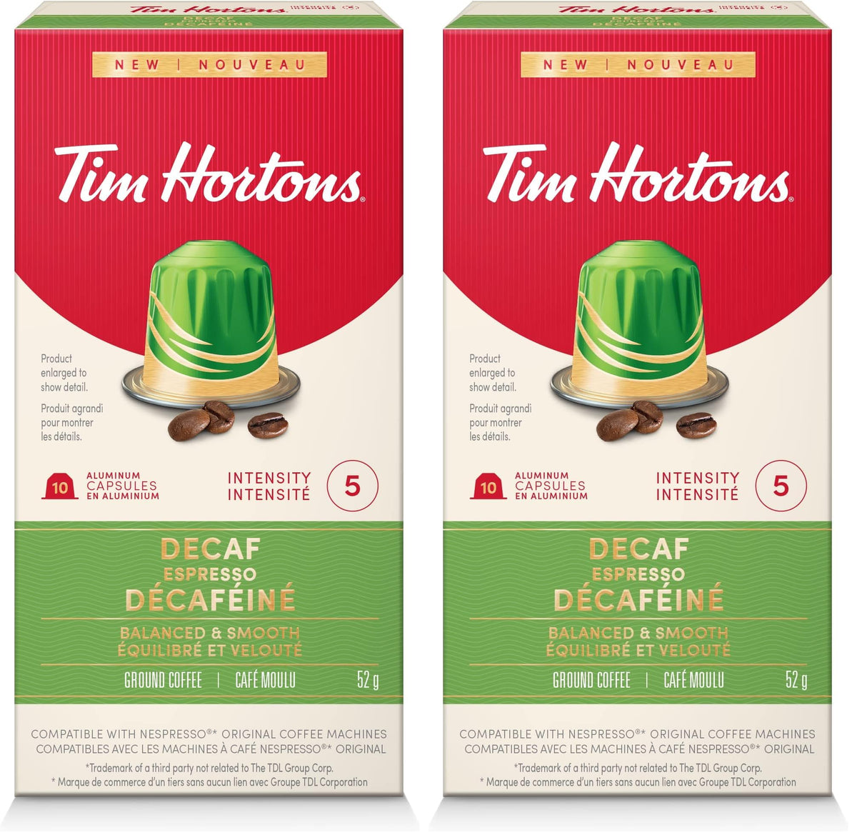 Tim Hortons Decaf Espresso Capsules, Nespresso Original Line Compatible Capsules, 10 Count (Pack of 2)