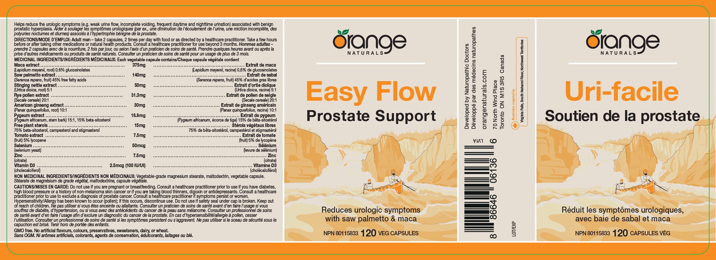 Orange Naturals - Easy Flow Prostate Support with Saw Palmetto & Maca, 120 Caps 30-Day Supply - Prostate Bladder Supplement - Helps Relief Weak Urine Flow, Incomplete Voiding, and Frequent Urination