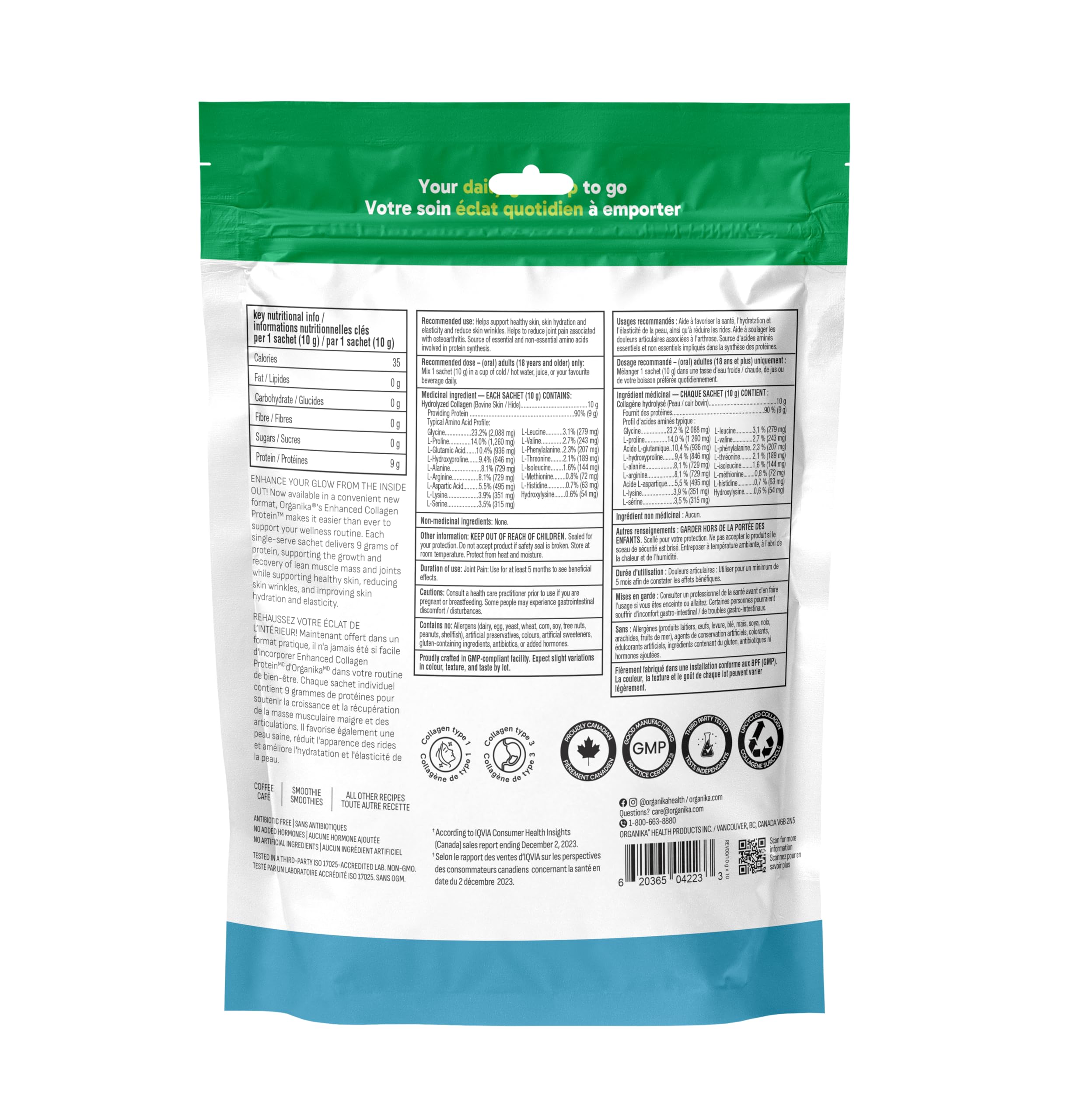 Organika Enhanced Collagen Powder (Type 1 & 3) – Single-serve sachets – 10g Per Serving for Hair, Skin, Nails & Joints – Canadian-Made, Grass-Fed, Non-GMO - 10 sachets