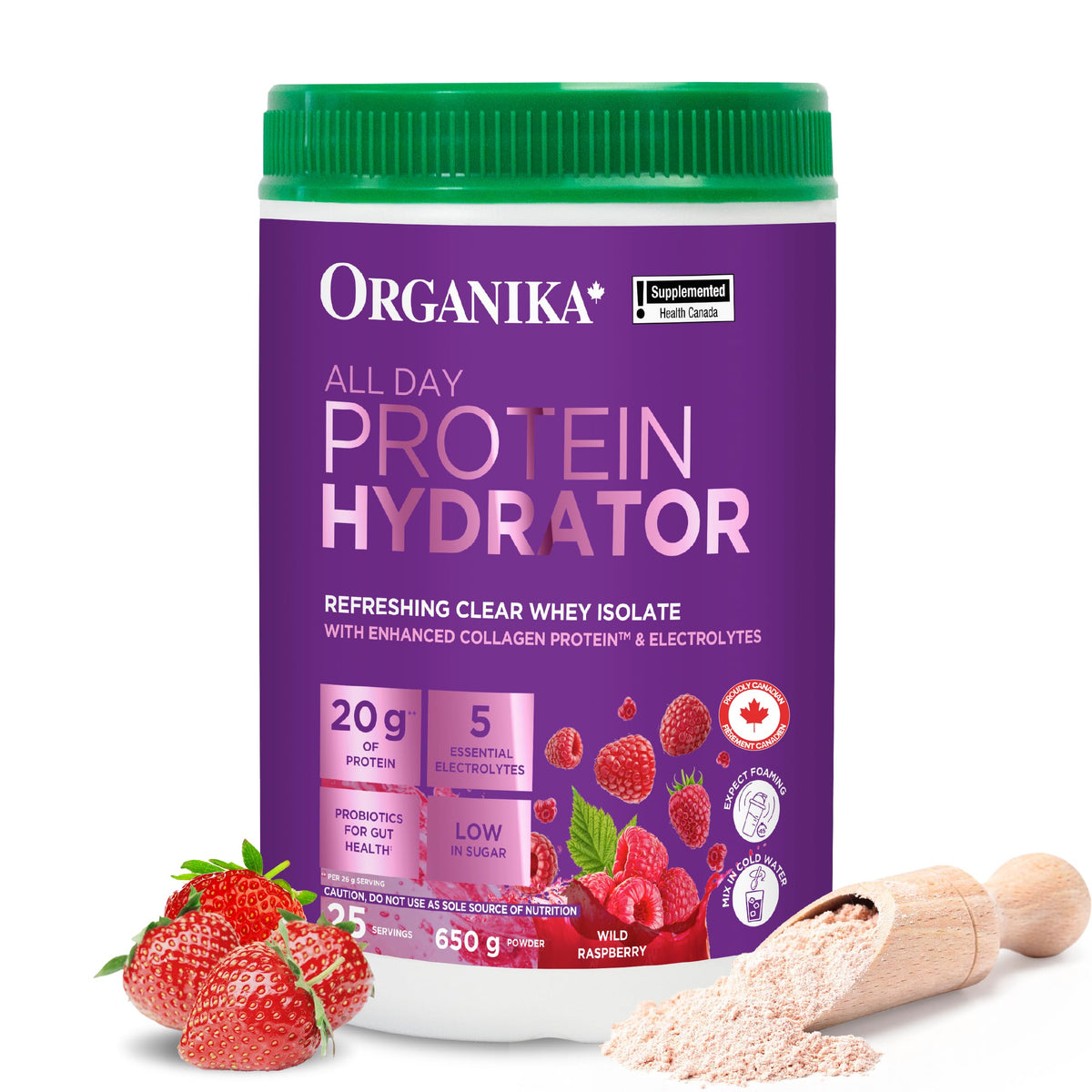 Organika Canadian-Made Protein Hydrator- Raspberry Flavour- Clear Whey Protein Isolate with Collagen, Electrolytes, and Probiotics. Easy to Digest, 20g Protein Per Serving- 650g