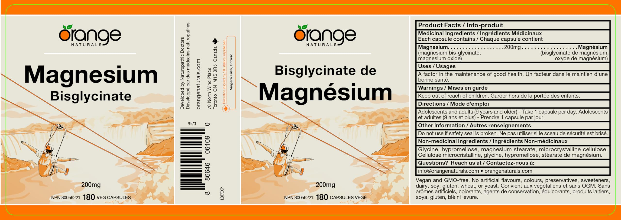 Orange Naturals - Magnesium Glycinate Supplement 200mg 180 v-caps 6 Month Supply - For Healthy Bones, Teeth, Proper Muscle Function, Promote Sleep Relaxation - Vegan - Highly Absorbable Form - Non GMO