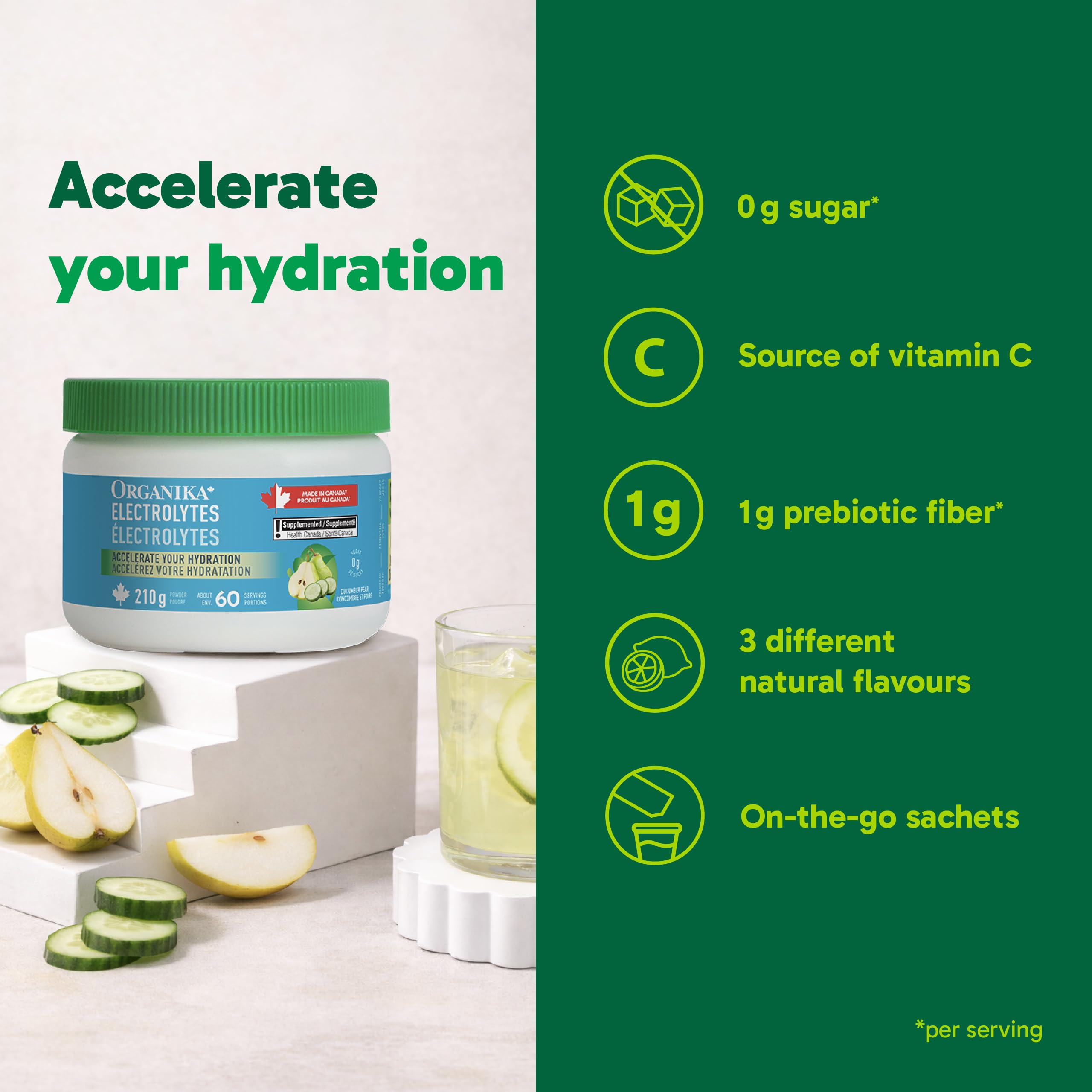 Organika Canadian-Made Electrolytes Powder with Vitamin C & Prebiotic Fibre - Sugar-Free Hydration Drink Mix - Cucumber Pear - 210 g - 60 servings