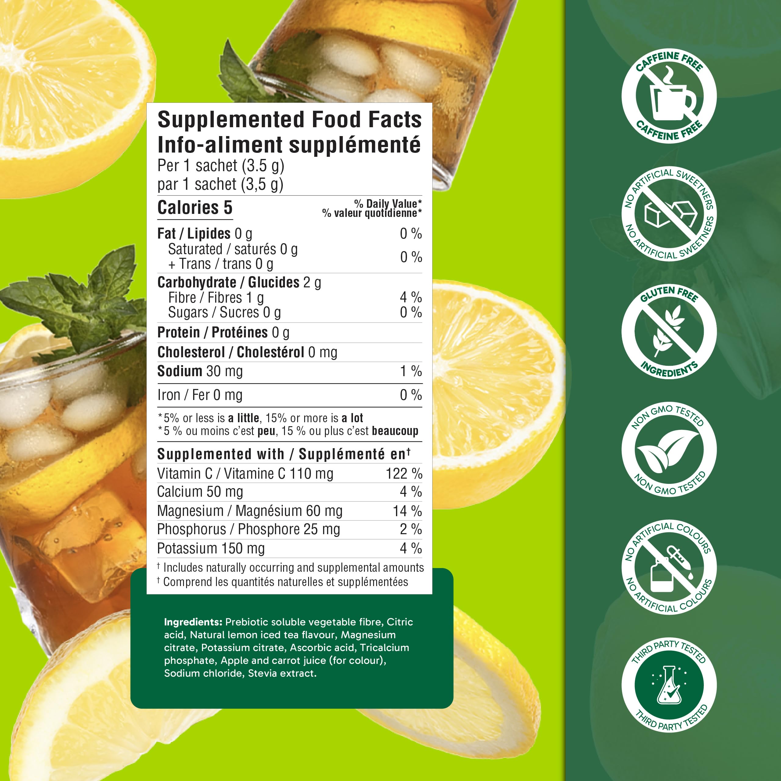 Organika Canadian-Made Electrolytes Powder with Vitamin C & Prebiotic Fibre - Sugar-Free Hydration Drink Mix - Lemon Iced Tea - 20 Single-Serve Sachets x 3.5g