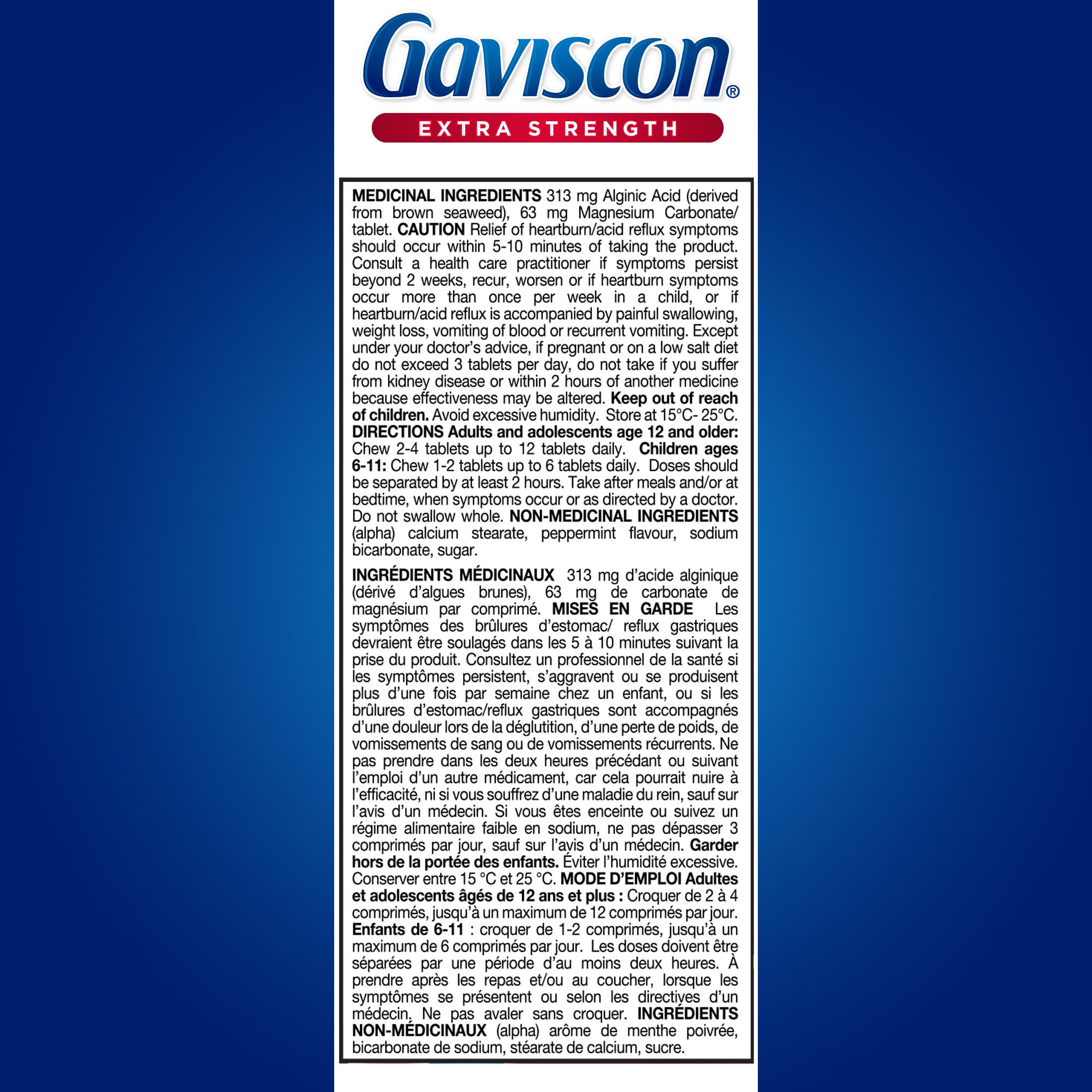 Gaviscon Extra Strength Tablets - 60 Count - Chewable Foaming Antacid Tablets for Day and Night Heartburn Relief, Acid Reflux and GERD Relief, Cooling & Refreshing Peppermint - Free of Aluminum, Lactose and Gluten