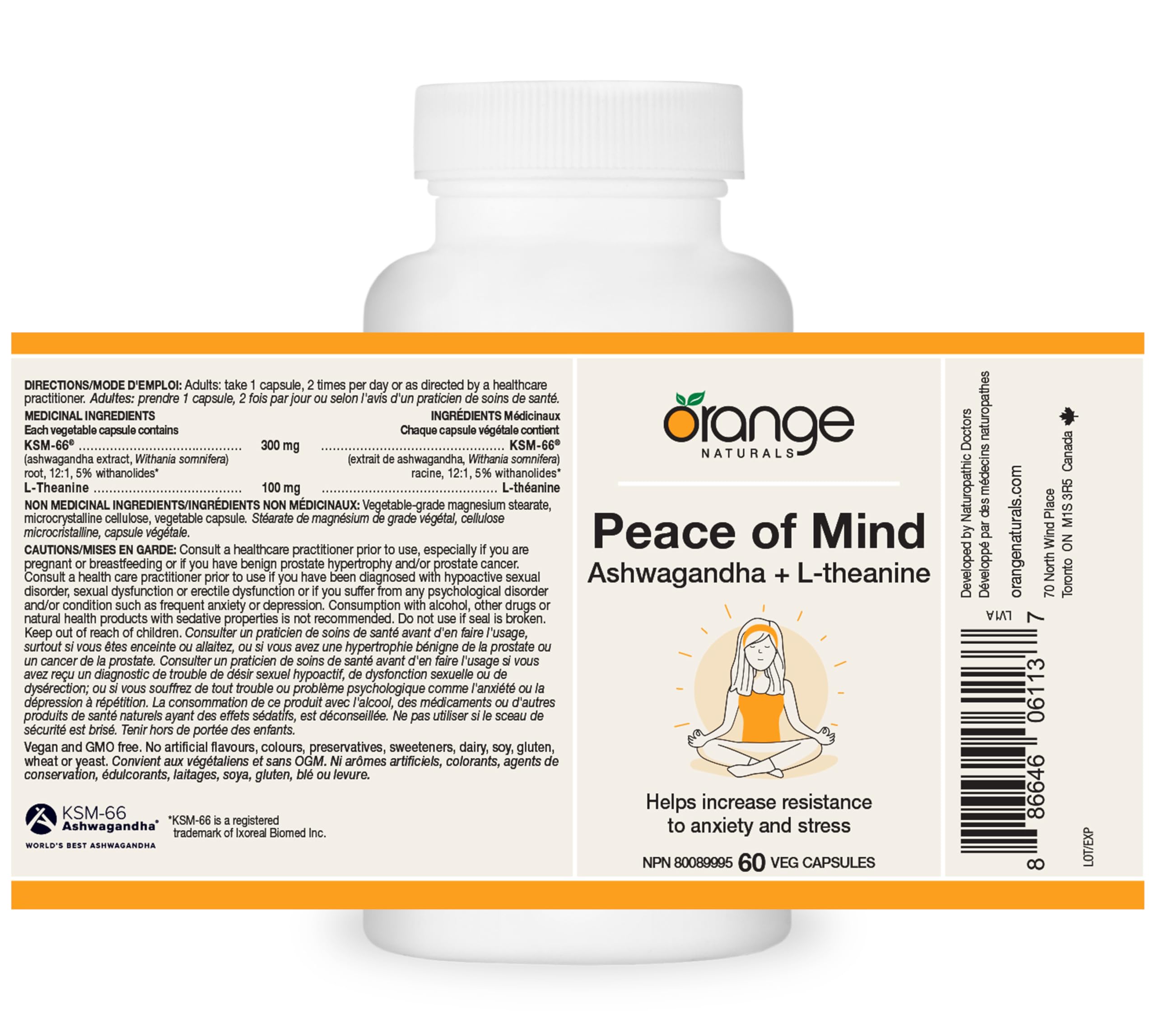 Orange Naturals - Peace of Mind, Ashwagandha KSM-66 and L-theanine, 60 Capsules 30-Day Supply - High-Concentration 300mg Ashwagandha and L-Theanine 100mg for Relaxation and Focus - Vegan & Non-GMO