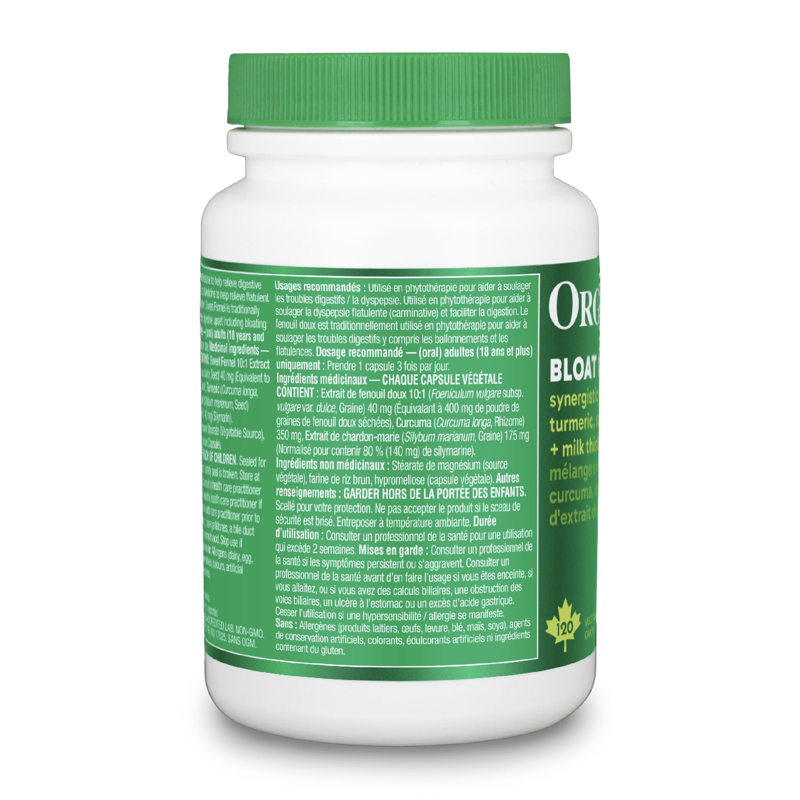Organika Canadian-Made Bloat Relief- Helps Relieve Bloating and Flatulence- Herbal Blend of Sweet Fennel, Turmeric, and Milk Thistle- Digestive Support- 120vcaps