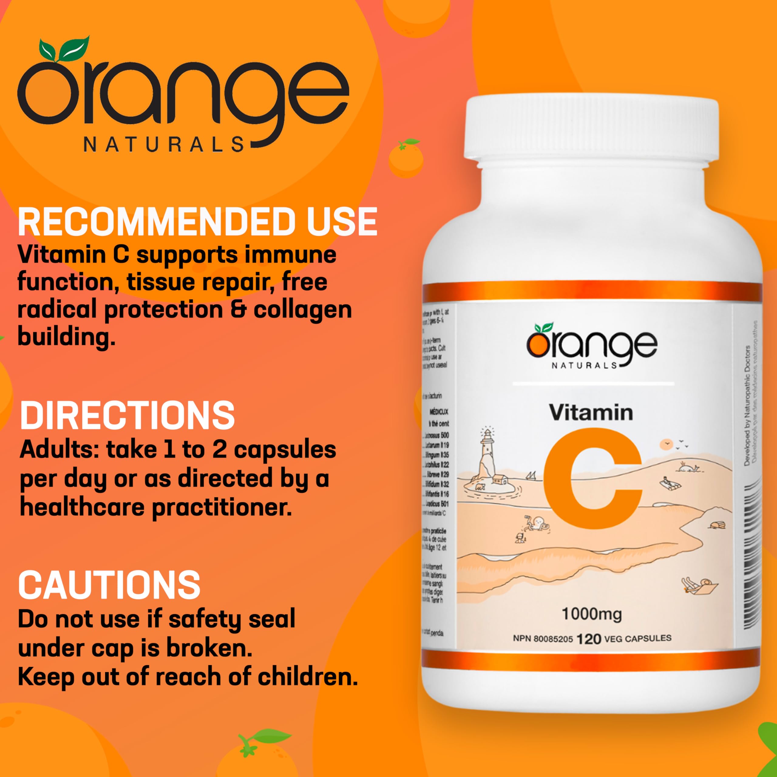Orange Naturals Vitamin C 1000mg 120 V-Caps, 4 Month Supply, Pure Ascorbic Acid Supplement, Vegan, Daily Convenient, Promotes Wellness, Antioxidant Support, Collagen Formation, Healthy Bones & Teeth