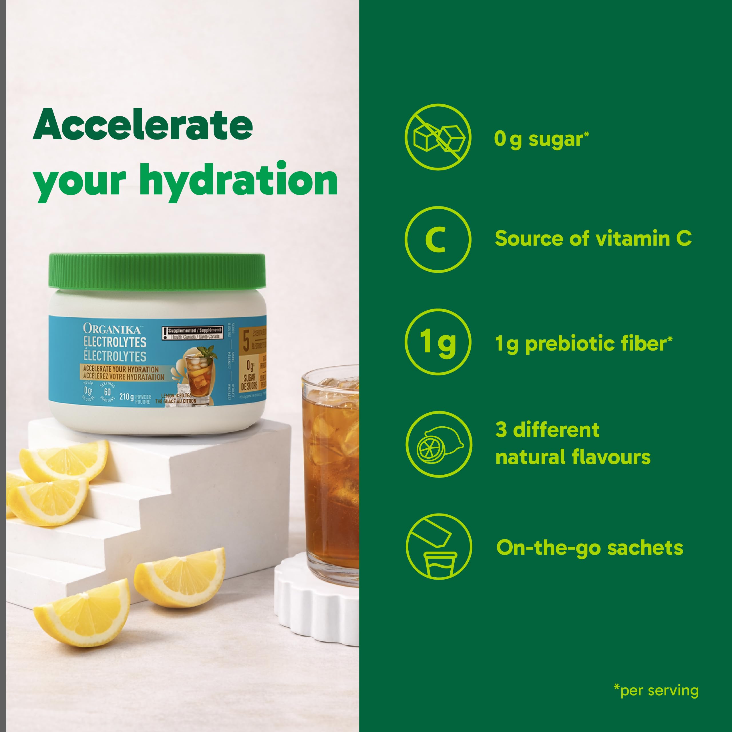 Organika Canadian-Made Electrolytes Powder with Vitamin C & Prebiotic Fibre - Sugar-Free Hydration Drink Mix - Lemon Iced Tea - 210 g - 60 servings