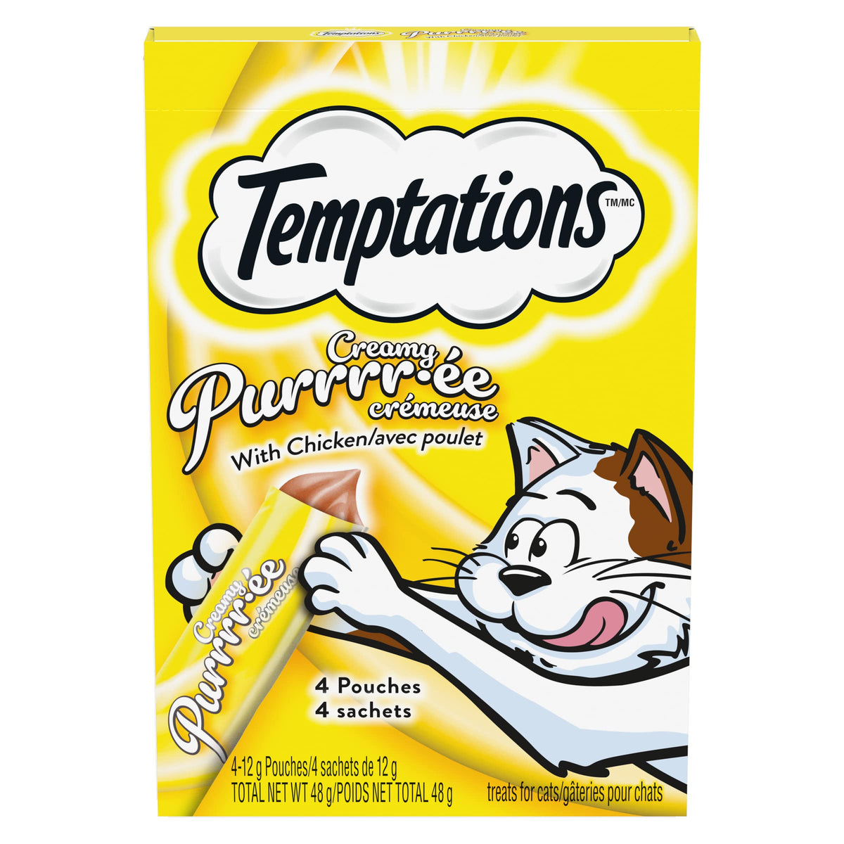 TEMPTATIONS Creamy Puree Cat Treats, Chicken, Lickable Cat Treat, Smooth & Creamy, Healthy, Made with Real Meat, Single-Serve, 44 Servings 2g Each (11 Packs of 4 Pouches)