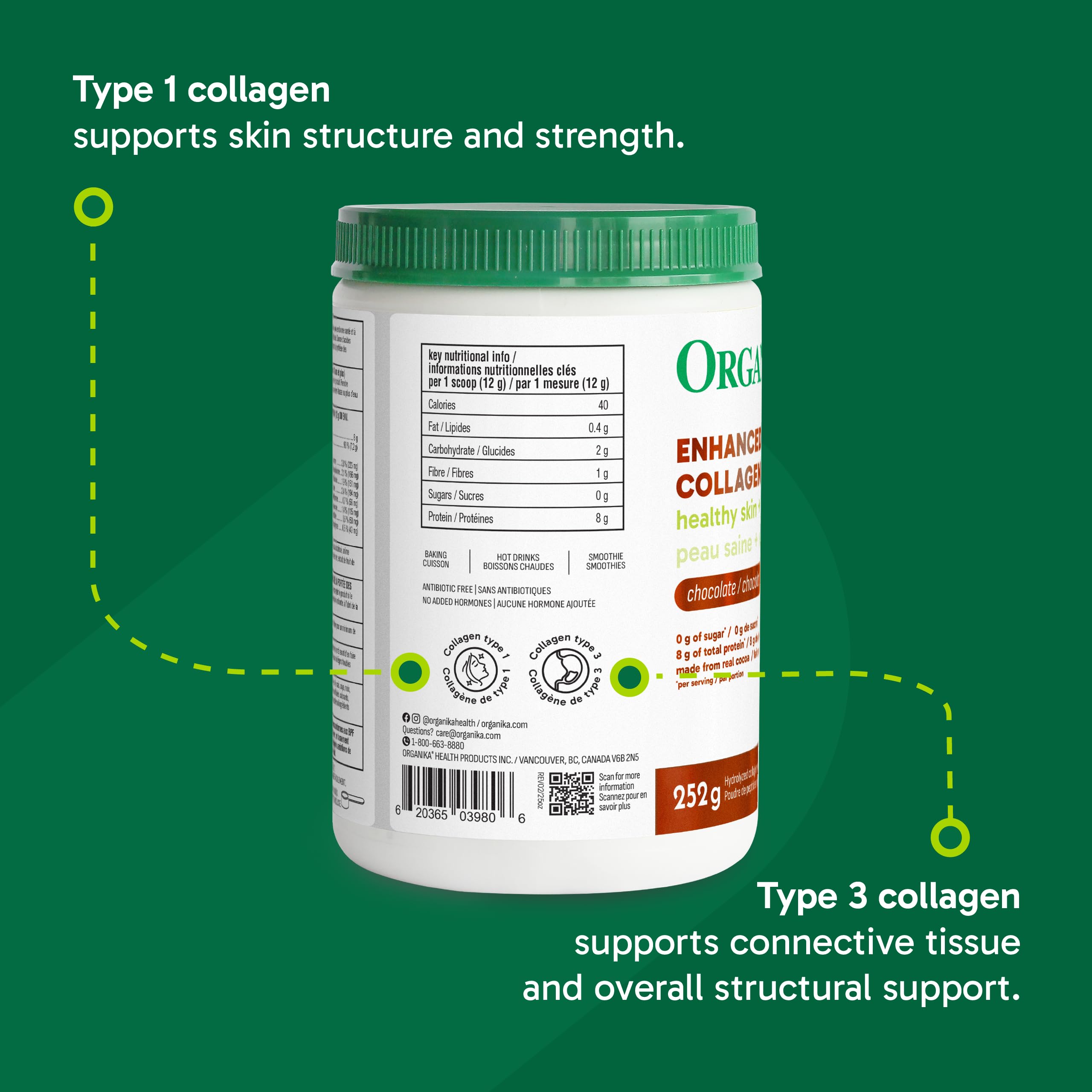 Organika Canadian-Made Chocolate Enhanced Collagen Powder, Grass-Fed with Real Cocoa, Sugar-Free, Healthy Hair, Skin, Nails, Joints, 252 G