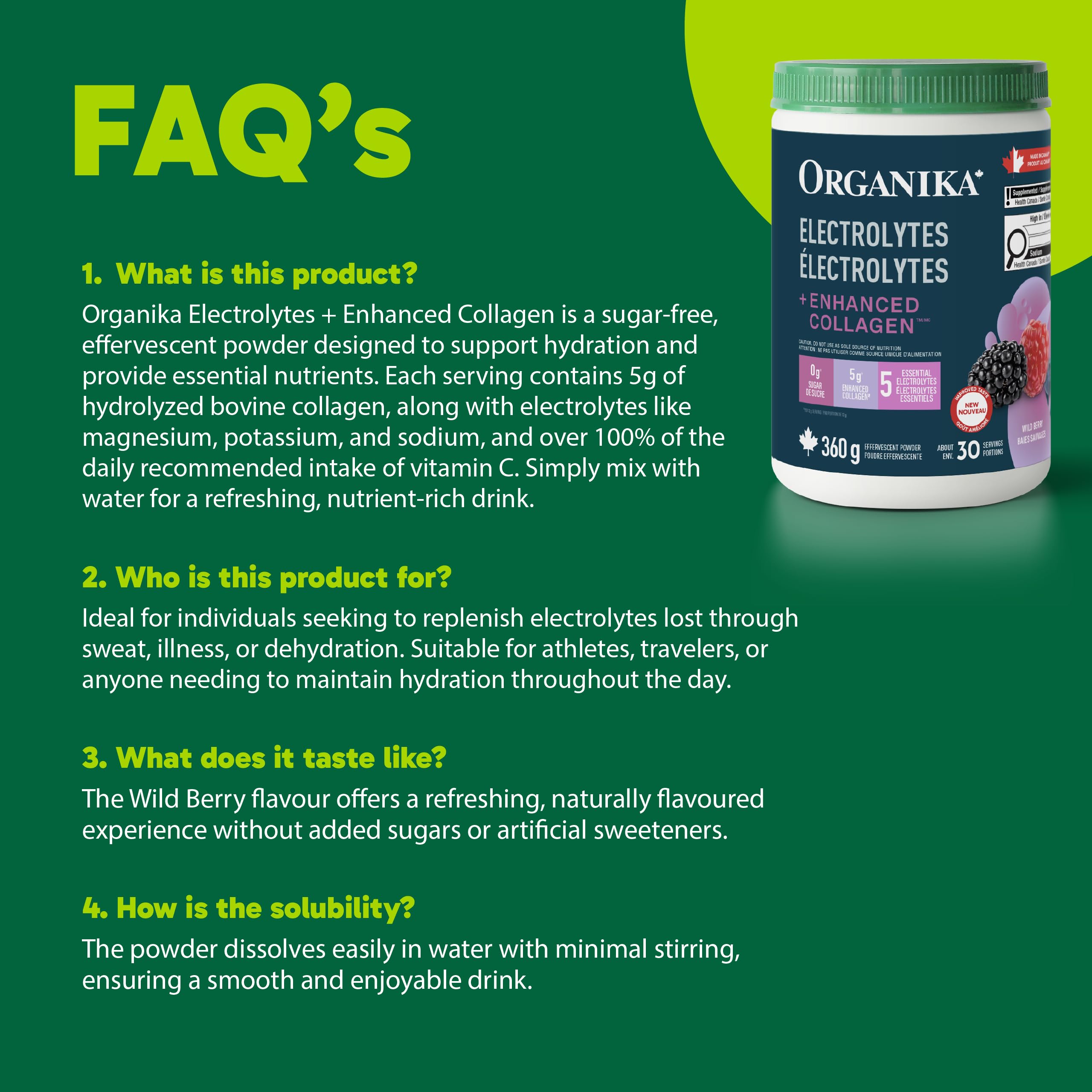 Organika Canadian-Made Electrolytes + Enhanced Collagen - Daily Hydration Powder with 5g of Collagen for Hair, Skin and Nails, 100% of Daily Vitamin C, Wildberry Flavour, 360 g, 30 Servings