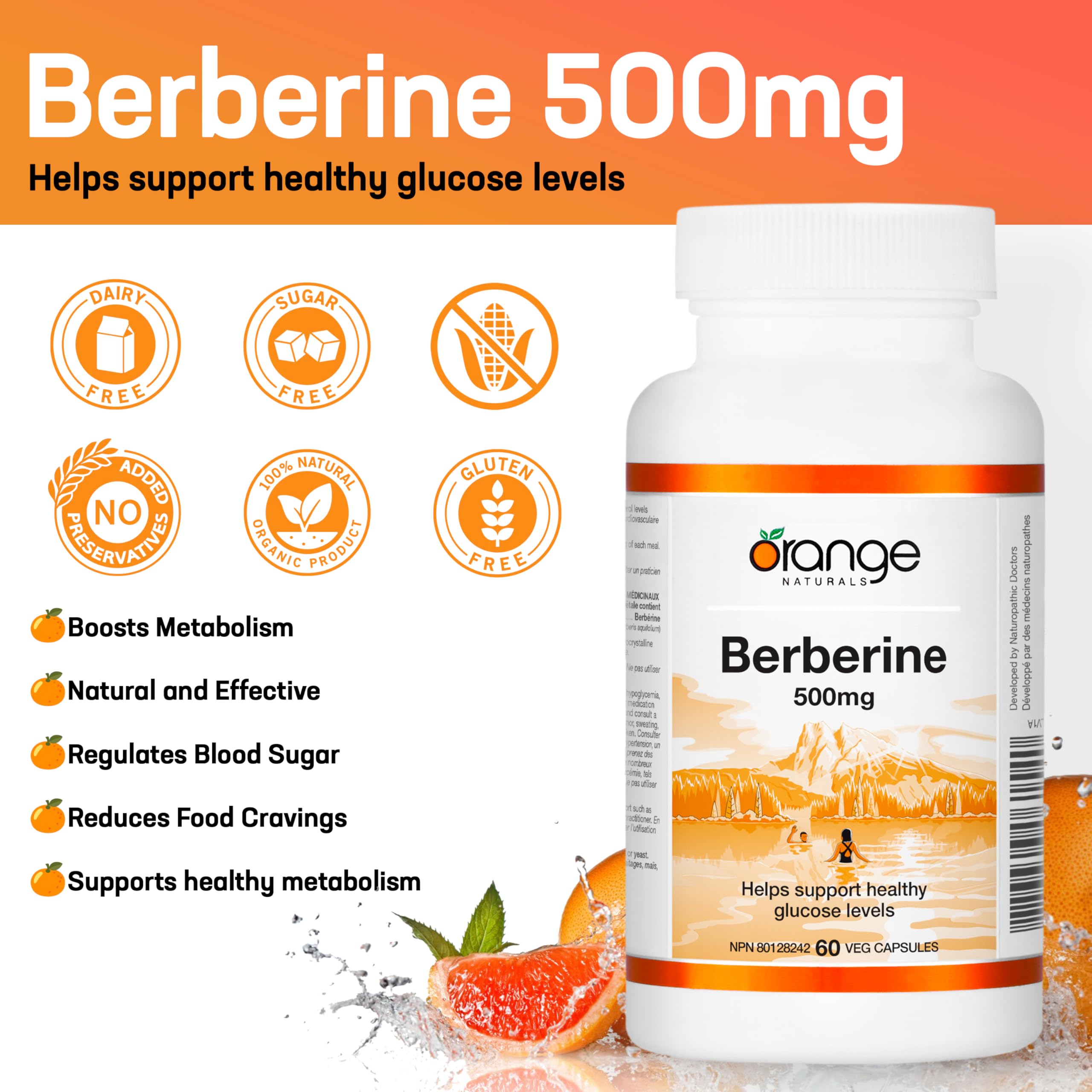Orange Naturals - Berberine 500mg, 60 Capsules 30-Day Supply - Berberine Helps Support Healthy Glucose Levels, Cholesterol Levels & Cardiovascular Health - Vegan & Non-GMO - Natural Metabolic Support