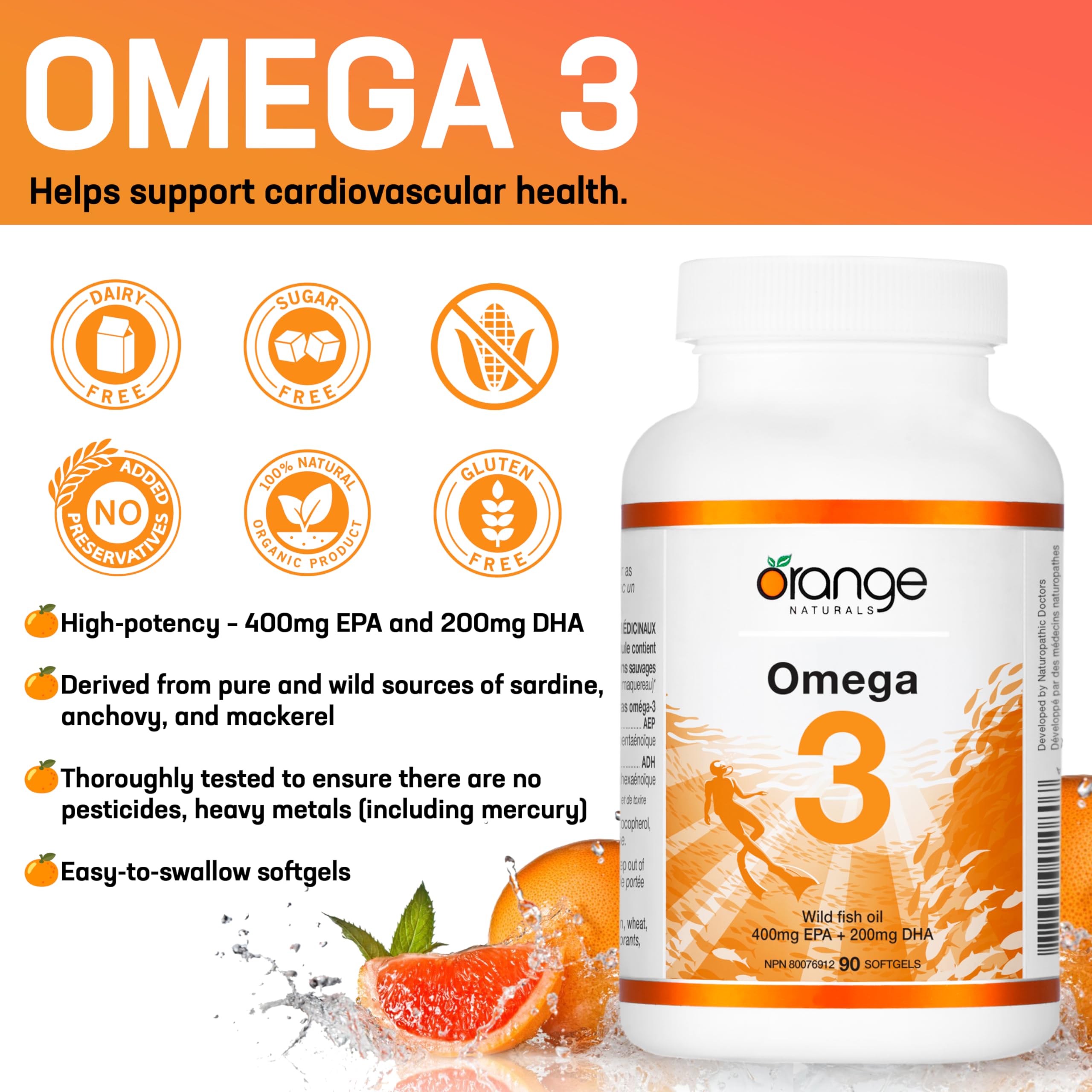 Orange Naturals - Omega-3 Fish Oil, 90 Softgels 90-Day Supply - Enhanced Brain & Cardio Health, Triple Strength Essential Fatty Acids, Non-GMO, High Potency EPA DHA, Support Heart & Cognitive Function