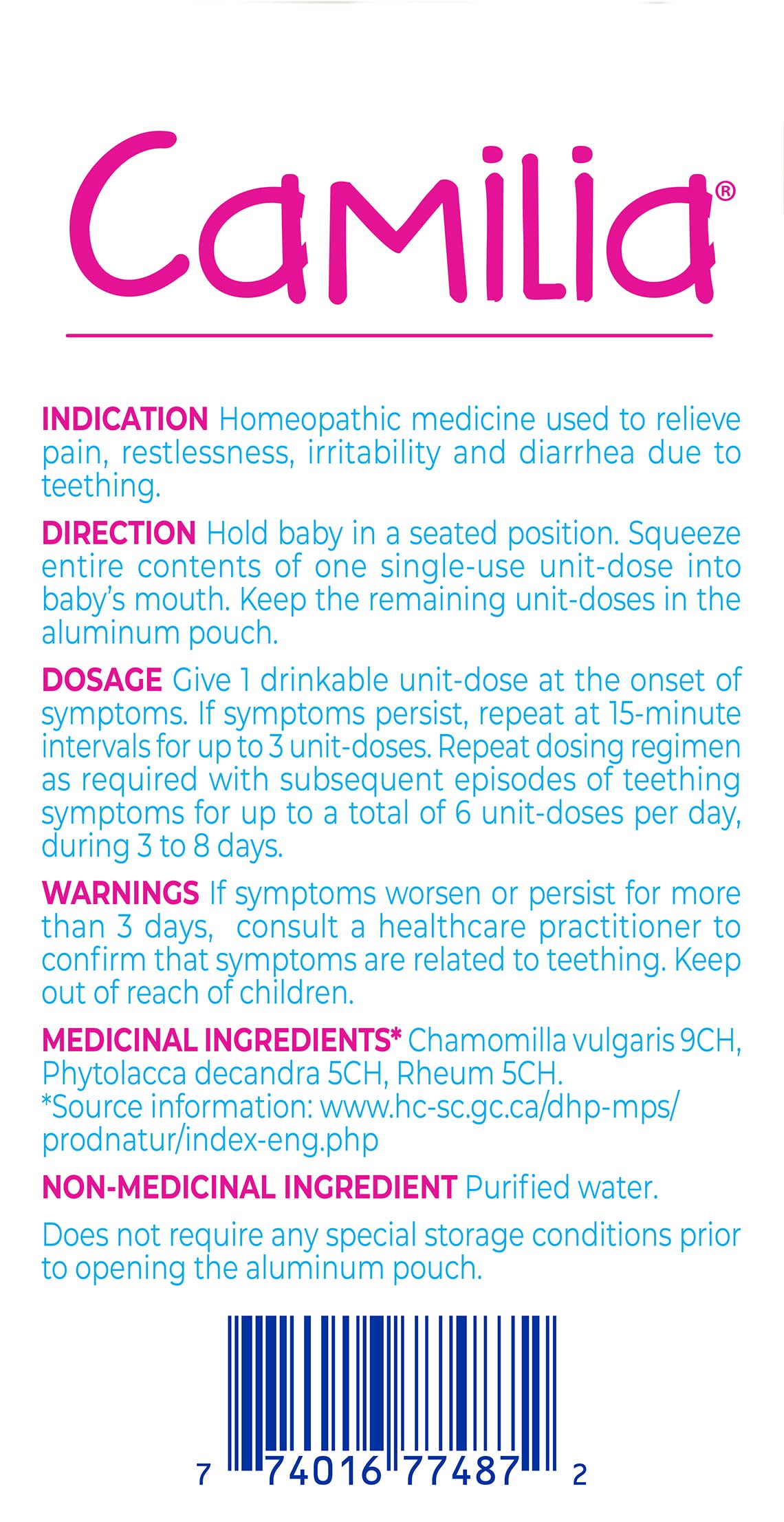 Boiron Camilia Baby Teething Medicine, 15 drinkable unit-doses (1 ml each). Camilia used for pain, restlessness, irritability and diarrhea due to teething. Benzocaine-Free and Preservative-Free, No Sugar, No Dye. 1 to 30 months.